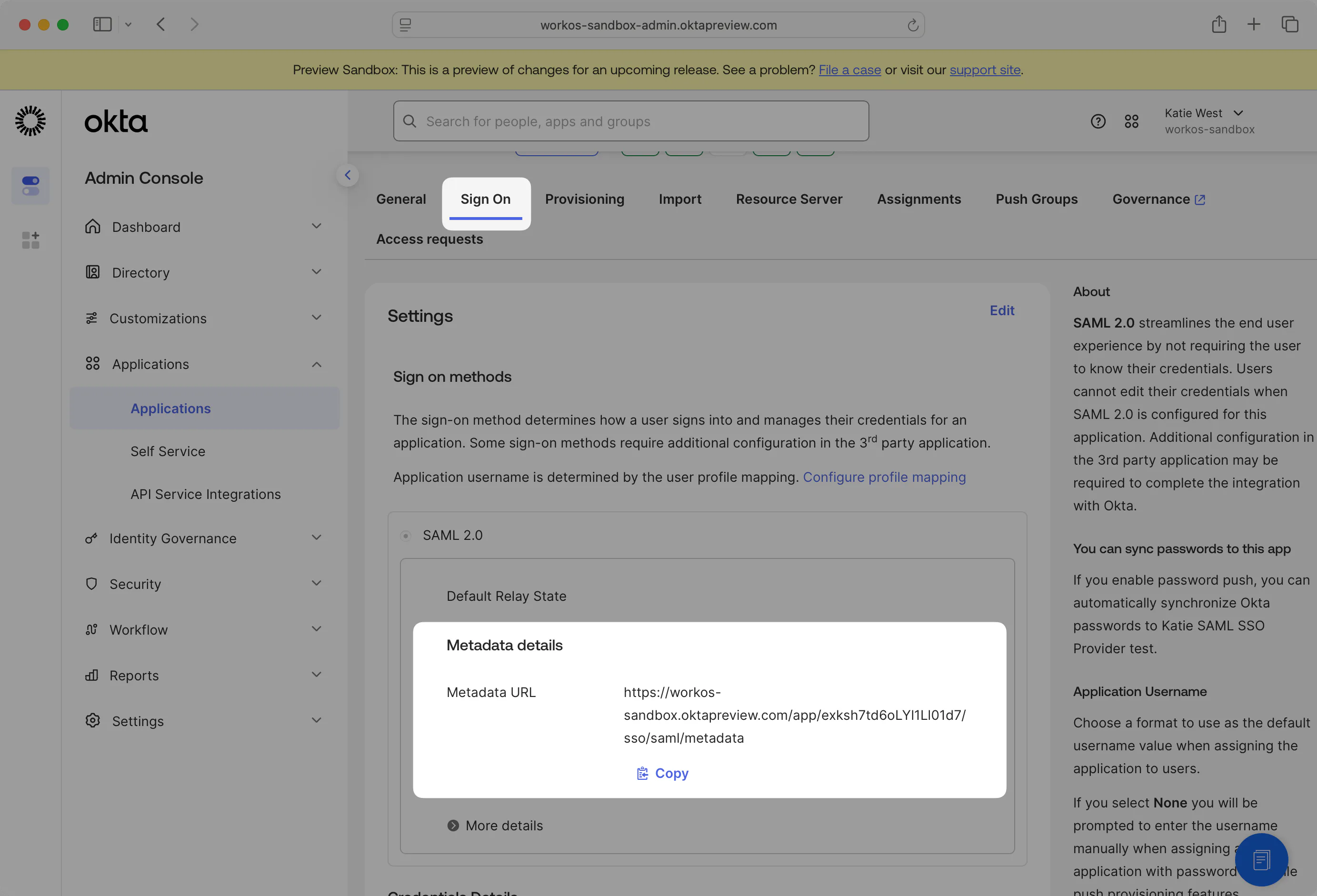 A screenshot showing where to find the Metadata URL on the "Sign On" tab in the Okta Dashboard.