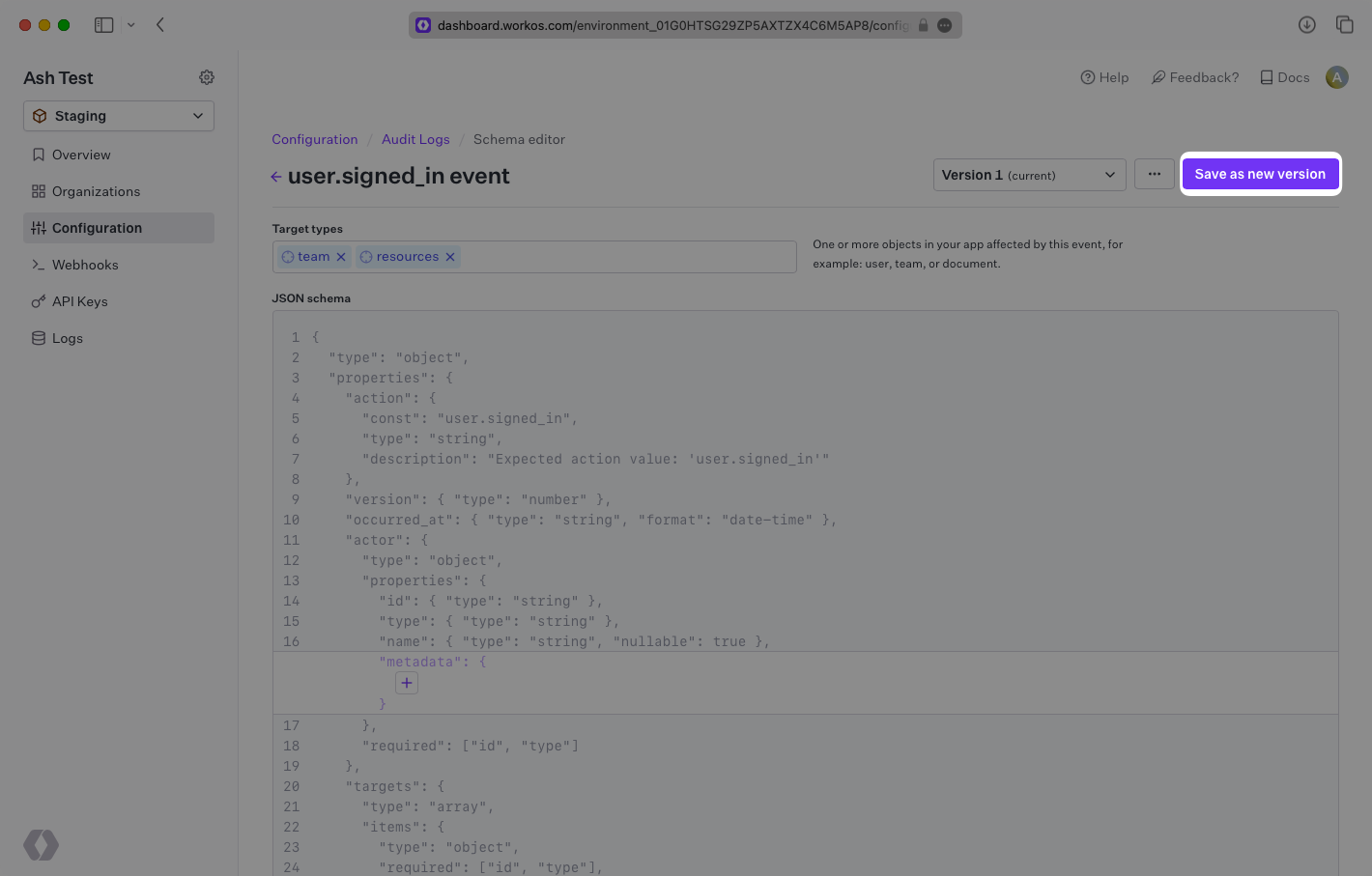 A screenshot showing the "Save as new version" button in the schema editor in the WorkOS Dashboard.