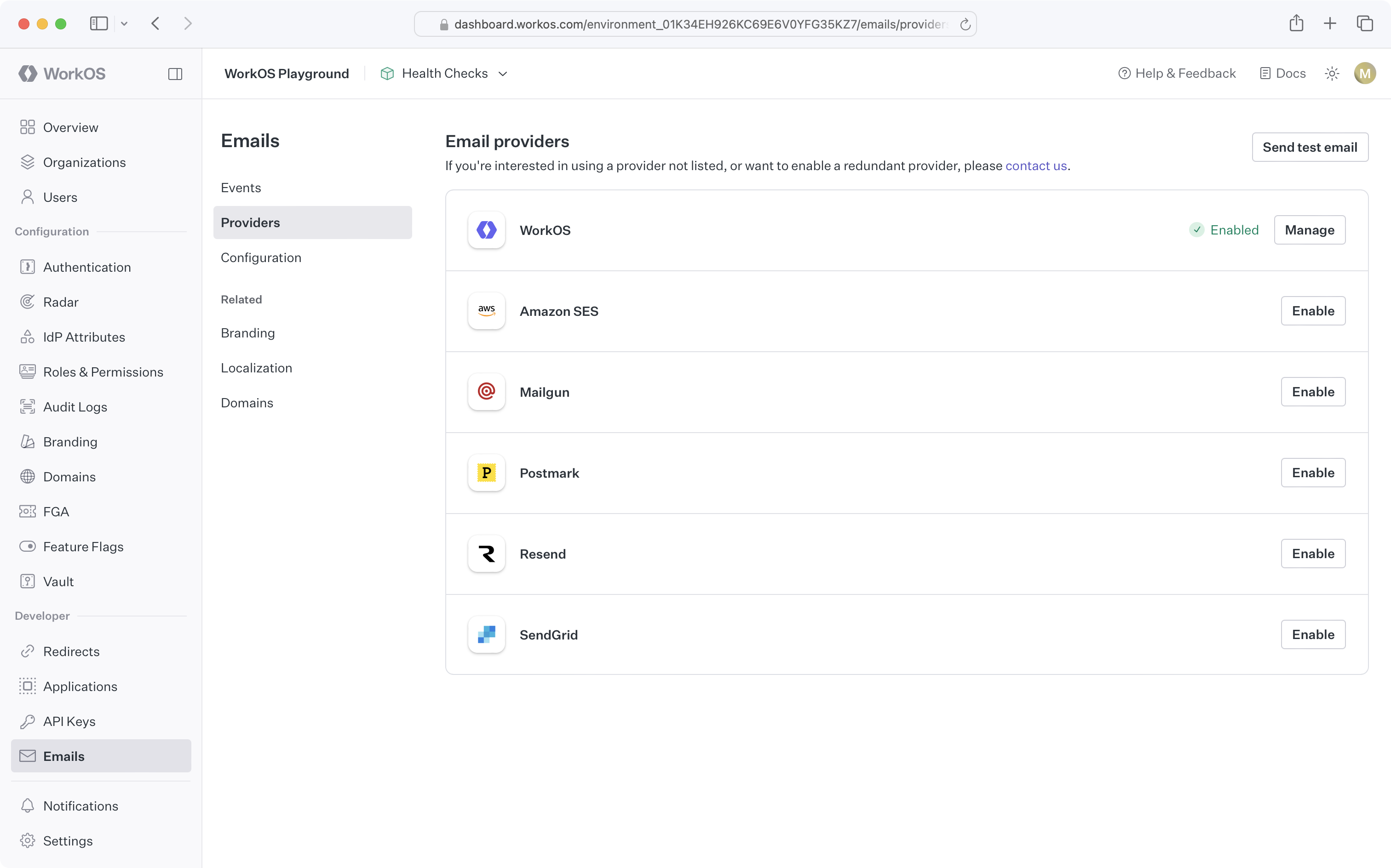 A screenshot showing the WorkOS Dashboard email providers page