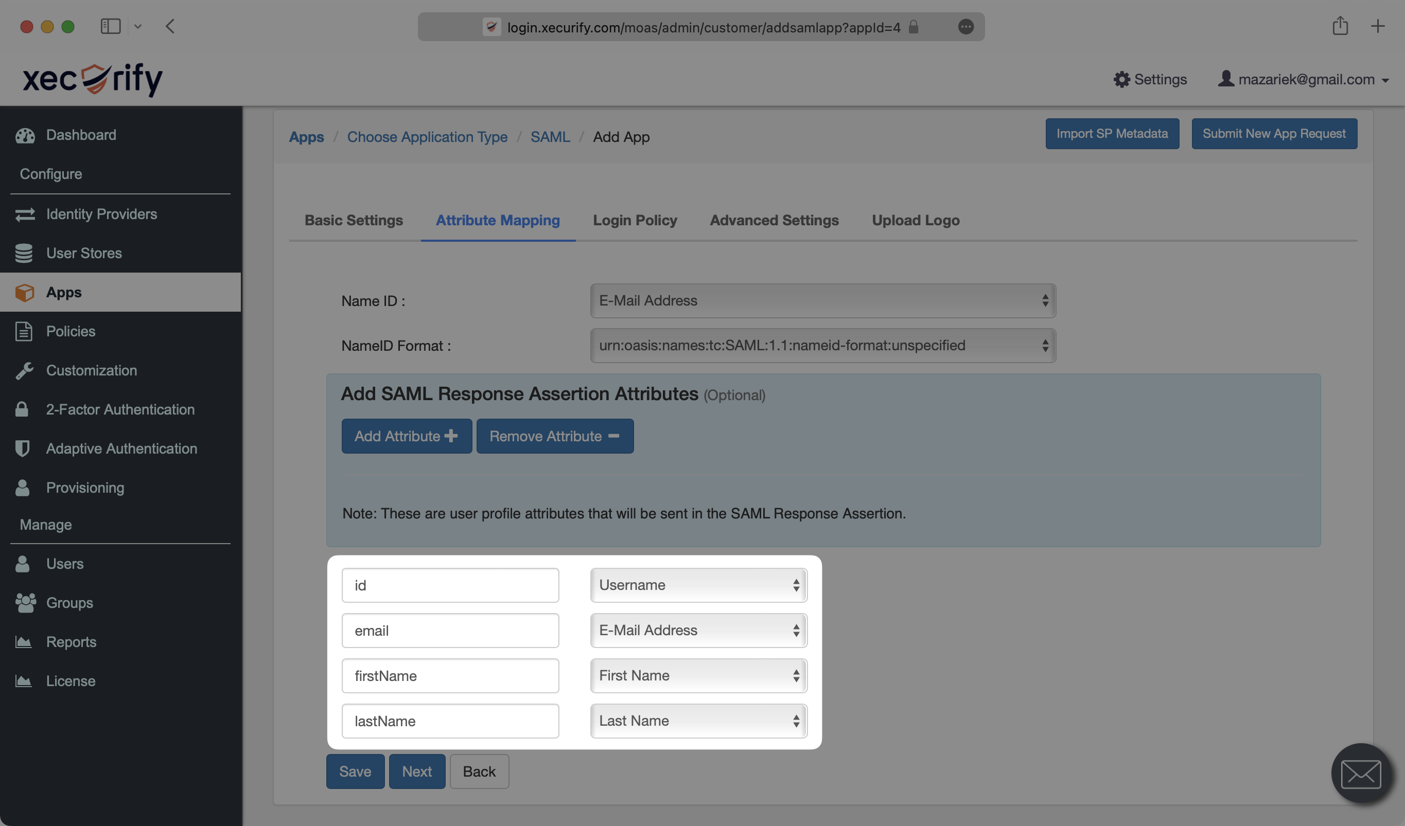 A screenshot showing how to input user attribute mapping in the miniOrange dashboard.