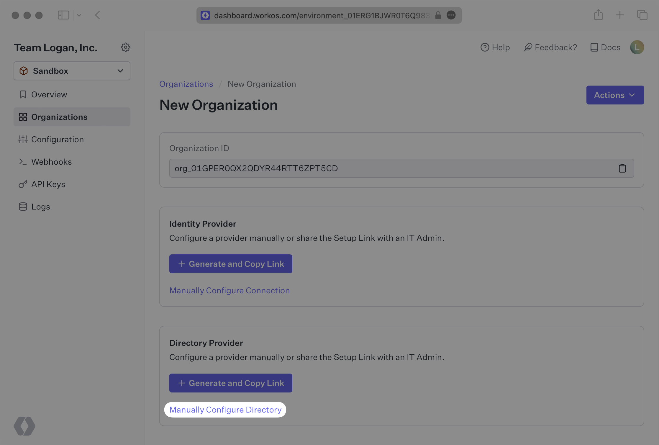 A screenshot highlighting the "Manually Configure Directory" button in the Organization view of the WorkOS Dashboard.