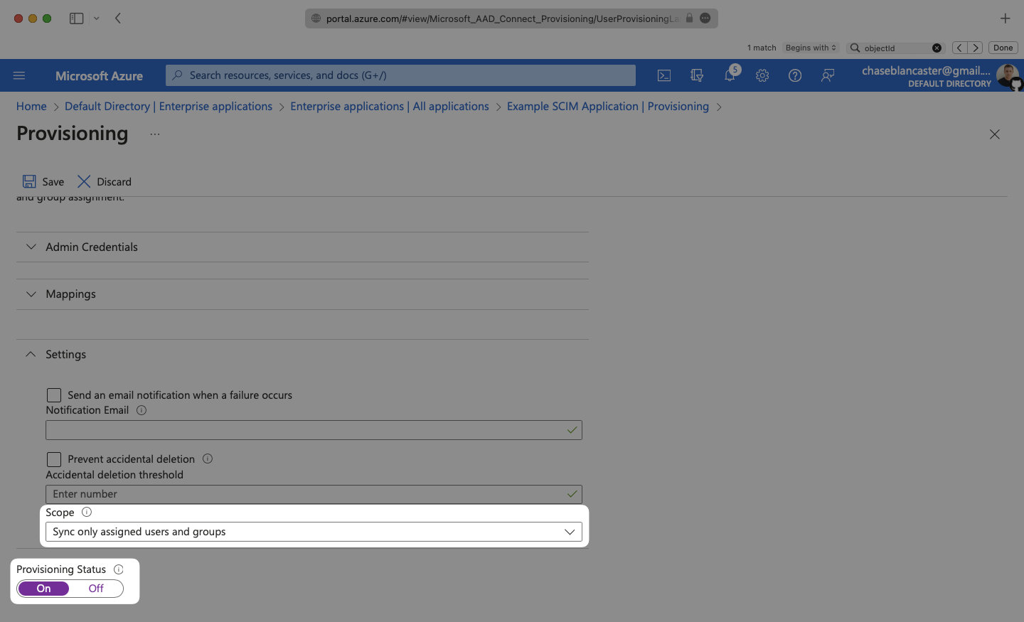 A screenshot showing where to ensure that the "Provisioning Status" is "On" and "Scope" is set to "Sync only assigned users and groups" in Azure.