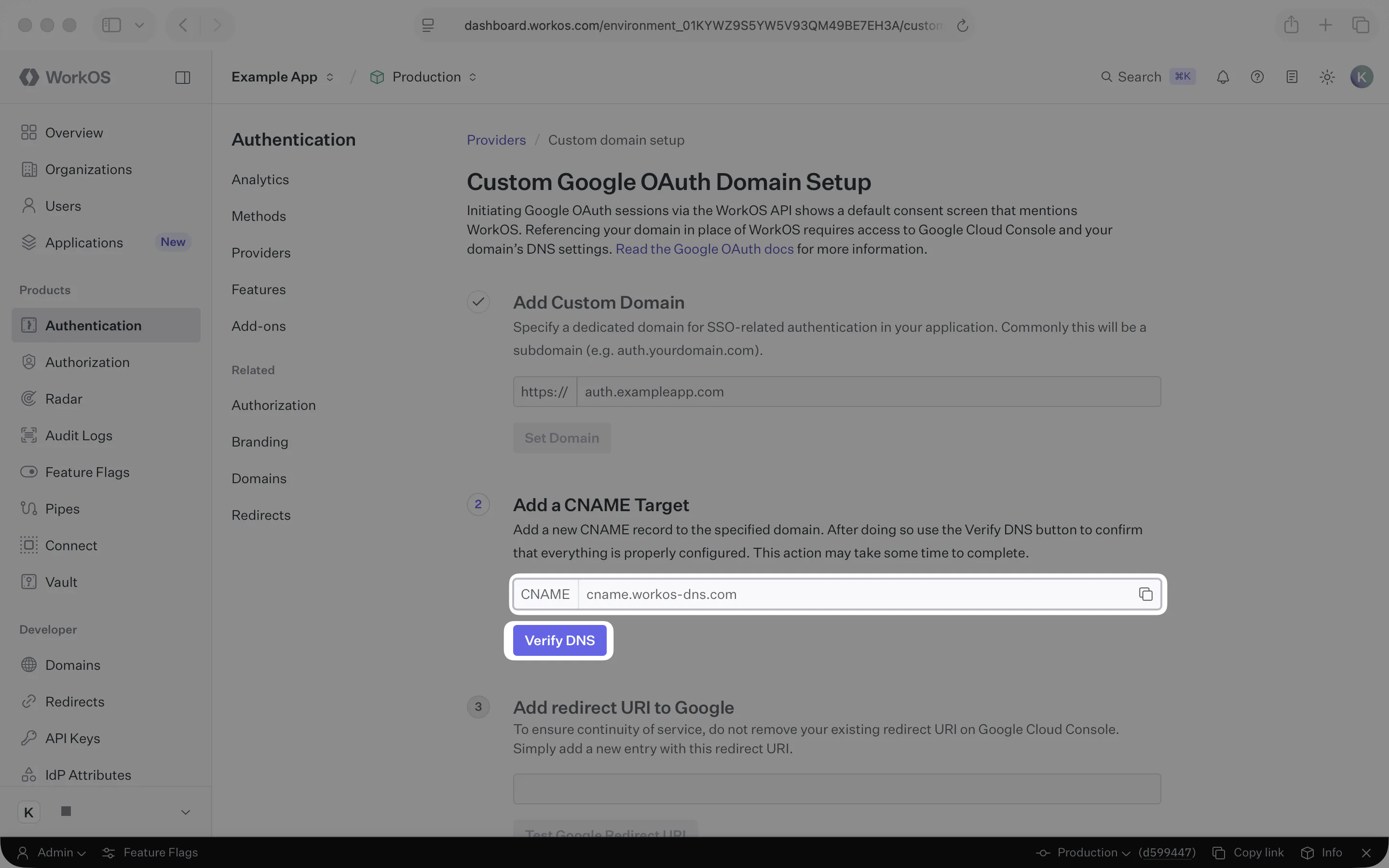 Image showing The CNAME target in the WorkOS Dashboard.