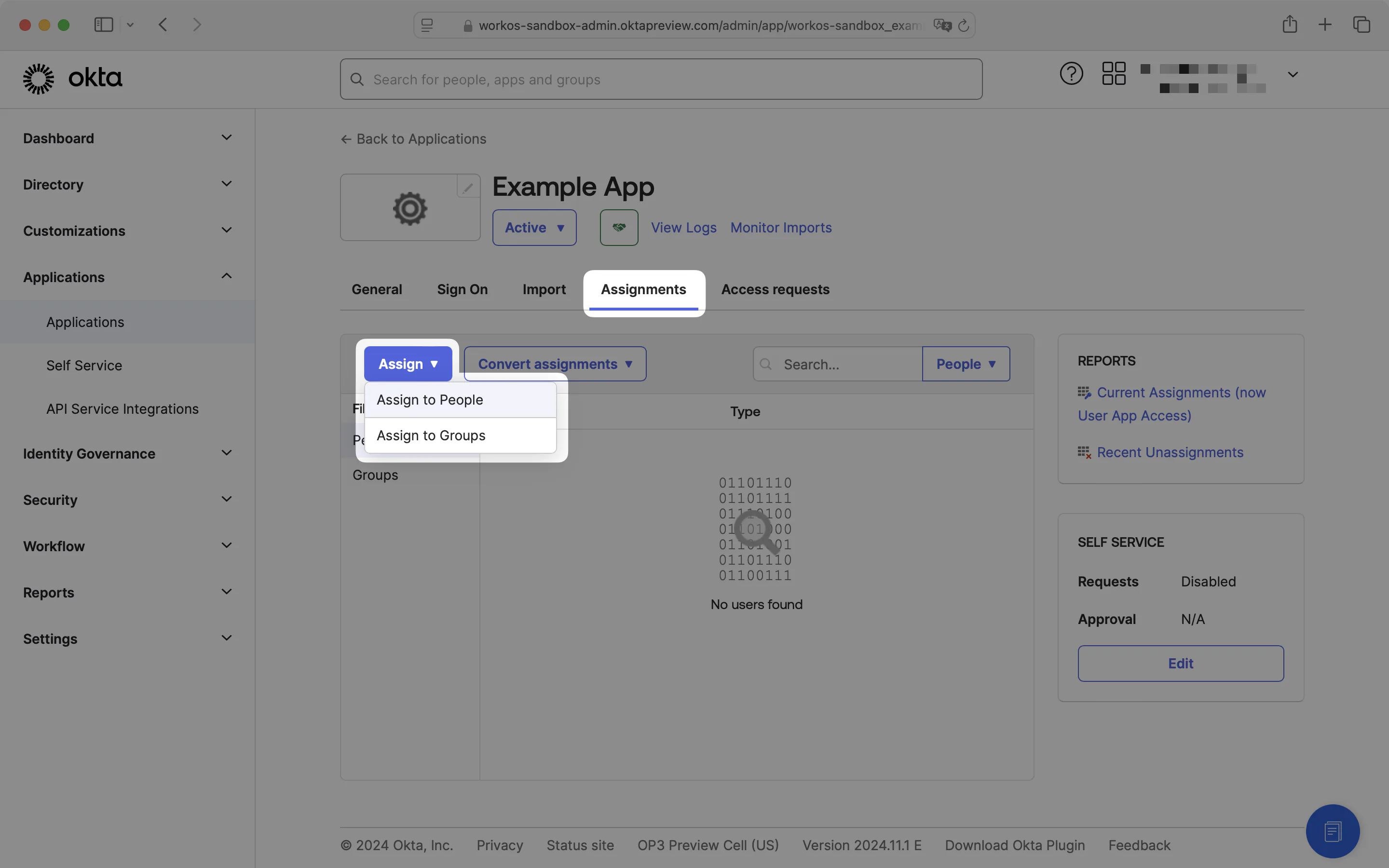 A screenshot showing the Okta Application "Assignments" tab in the Okta Dashboard.