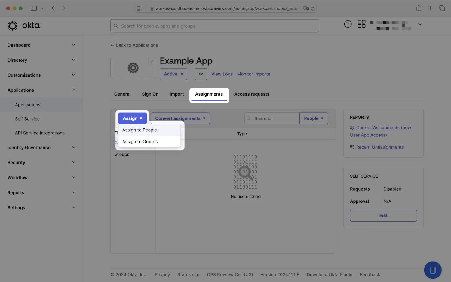 A screenshot showing the Okta Application "Assignments" tab in the Okta Dashboard.