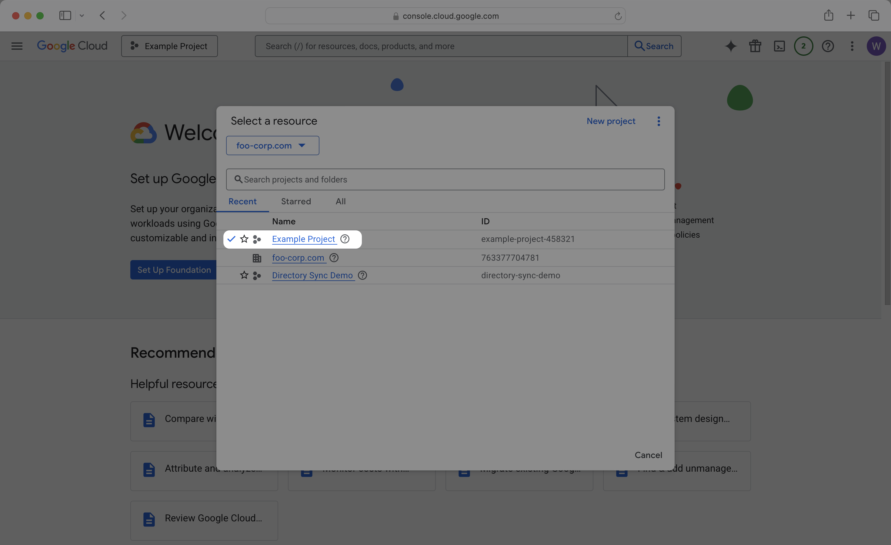 Google Cloud Console project selector dropdown with available projects