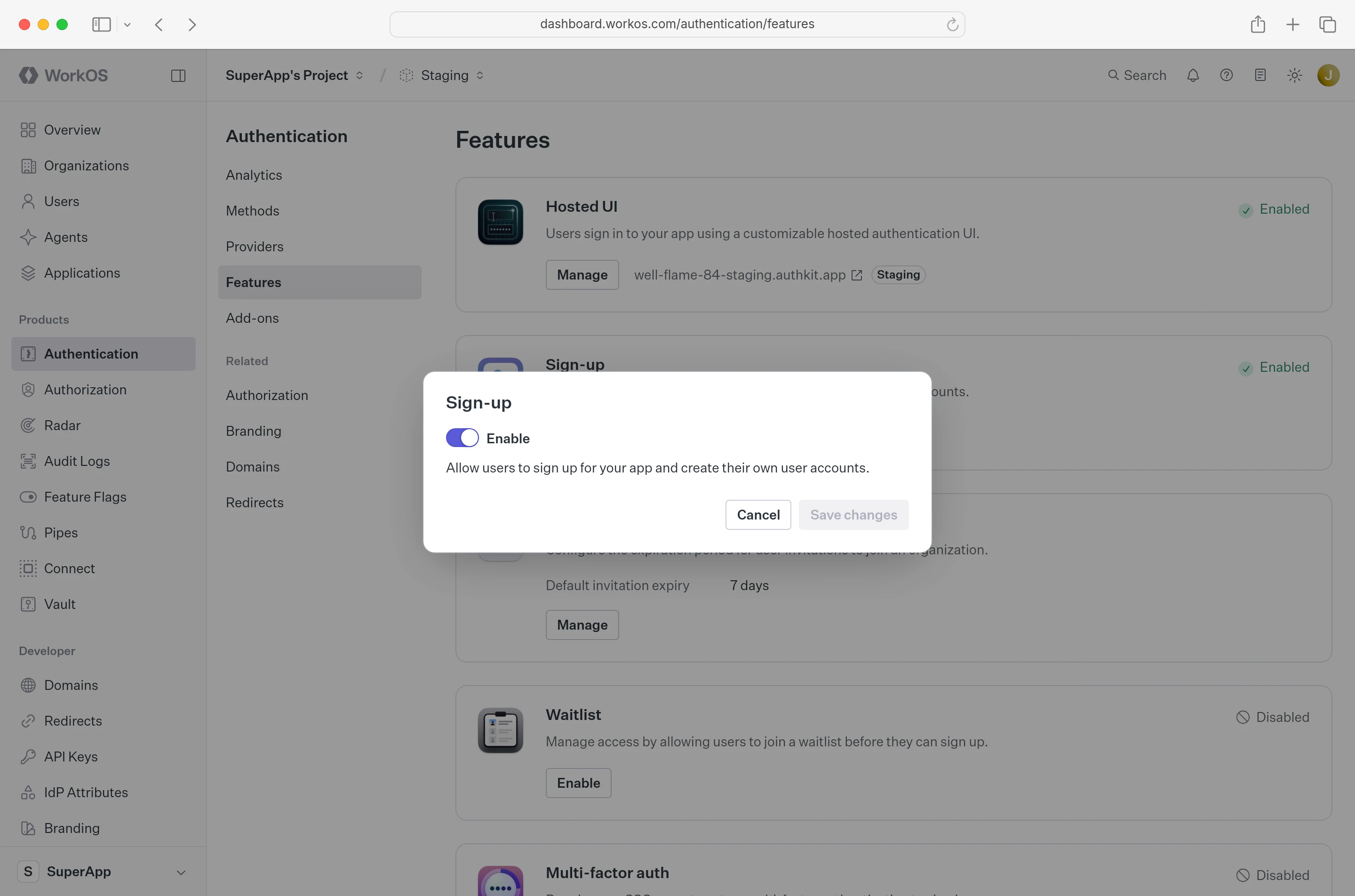 Image of a modal in the WorkOS dashboard to disable sign-ups