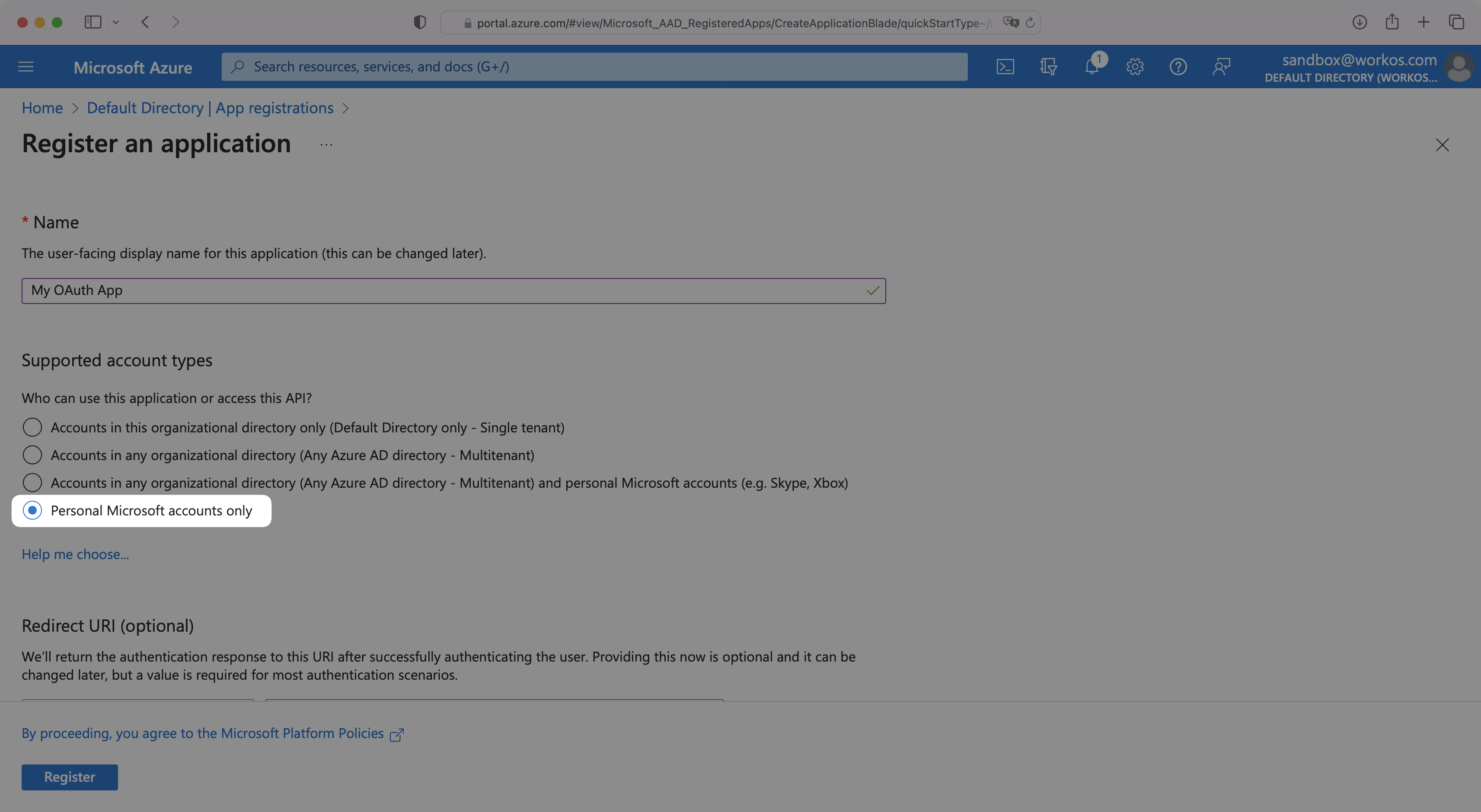 A screenshot showing the "Supported Account Types" setting in the Microsoft Azure Dashboard.