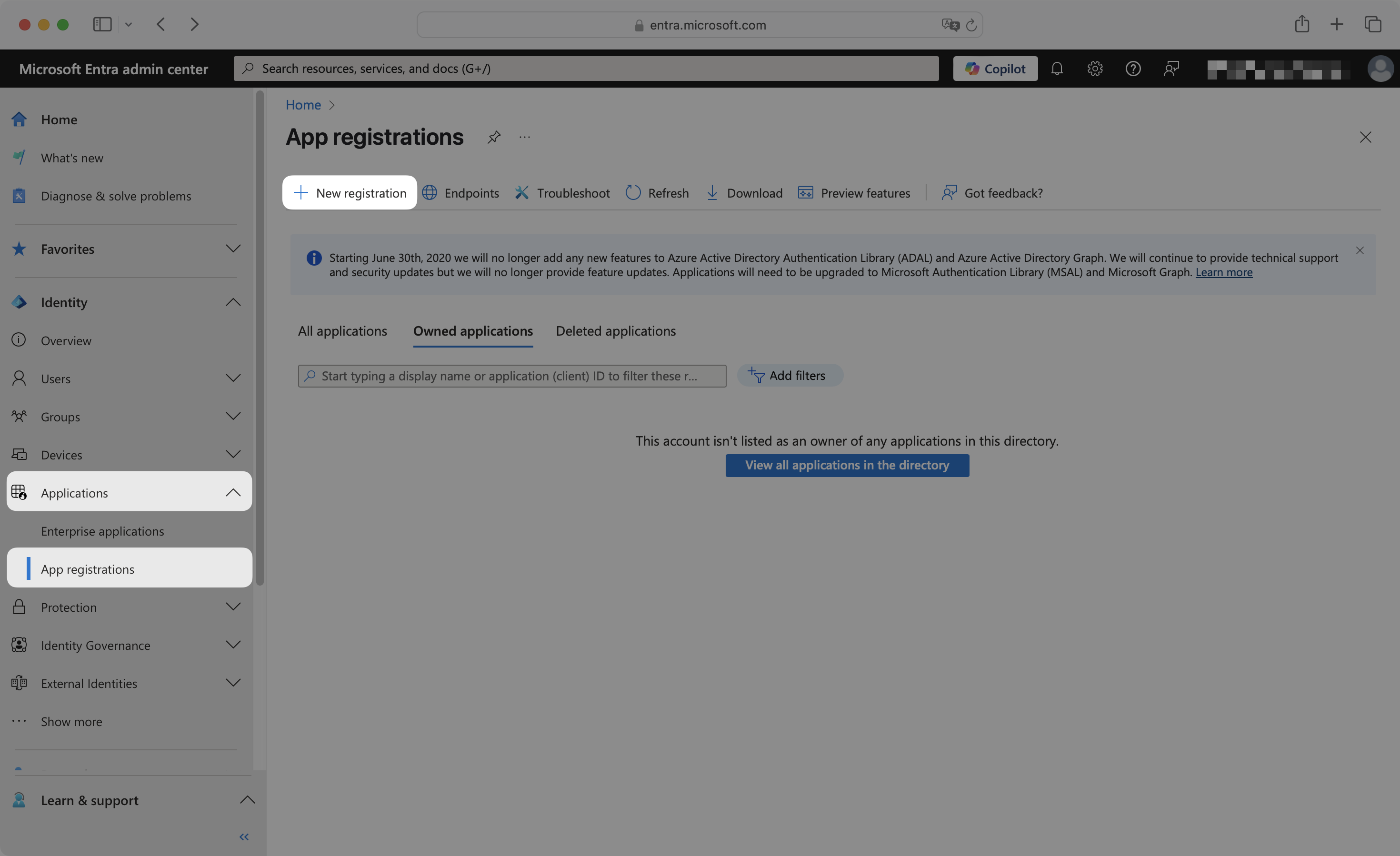 Microsoft Entra admin center navigation showing Identity > Applications > App registrations