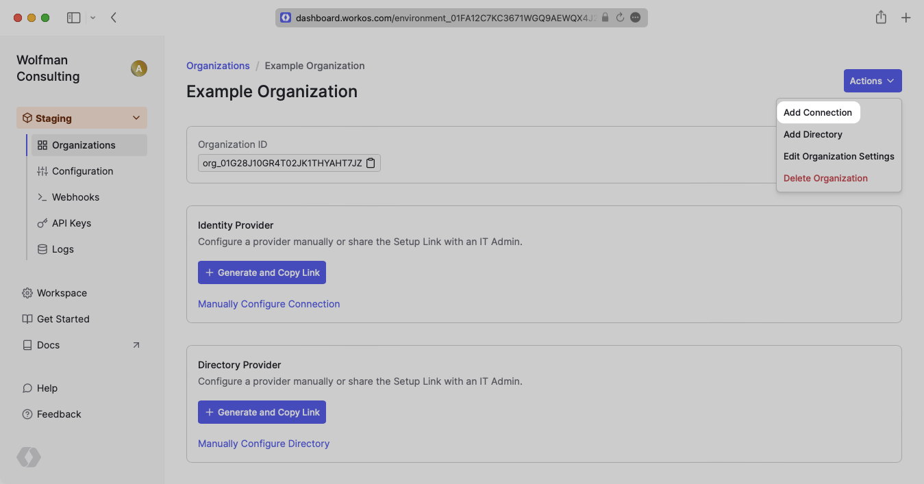 A screenshot showing how to add an SSO connection in the WorkOS Dashboard.