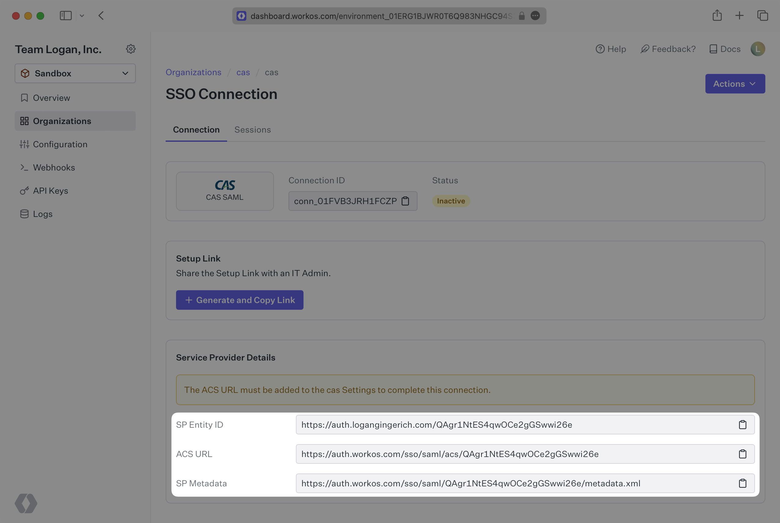 A screenshot highlighting the "Service Provider Details" of a CAS SAML connection in the WorkOS Dashboard.