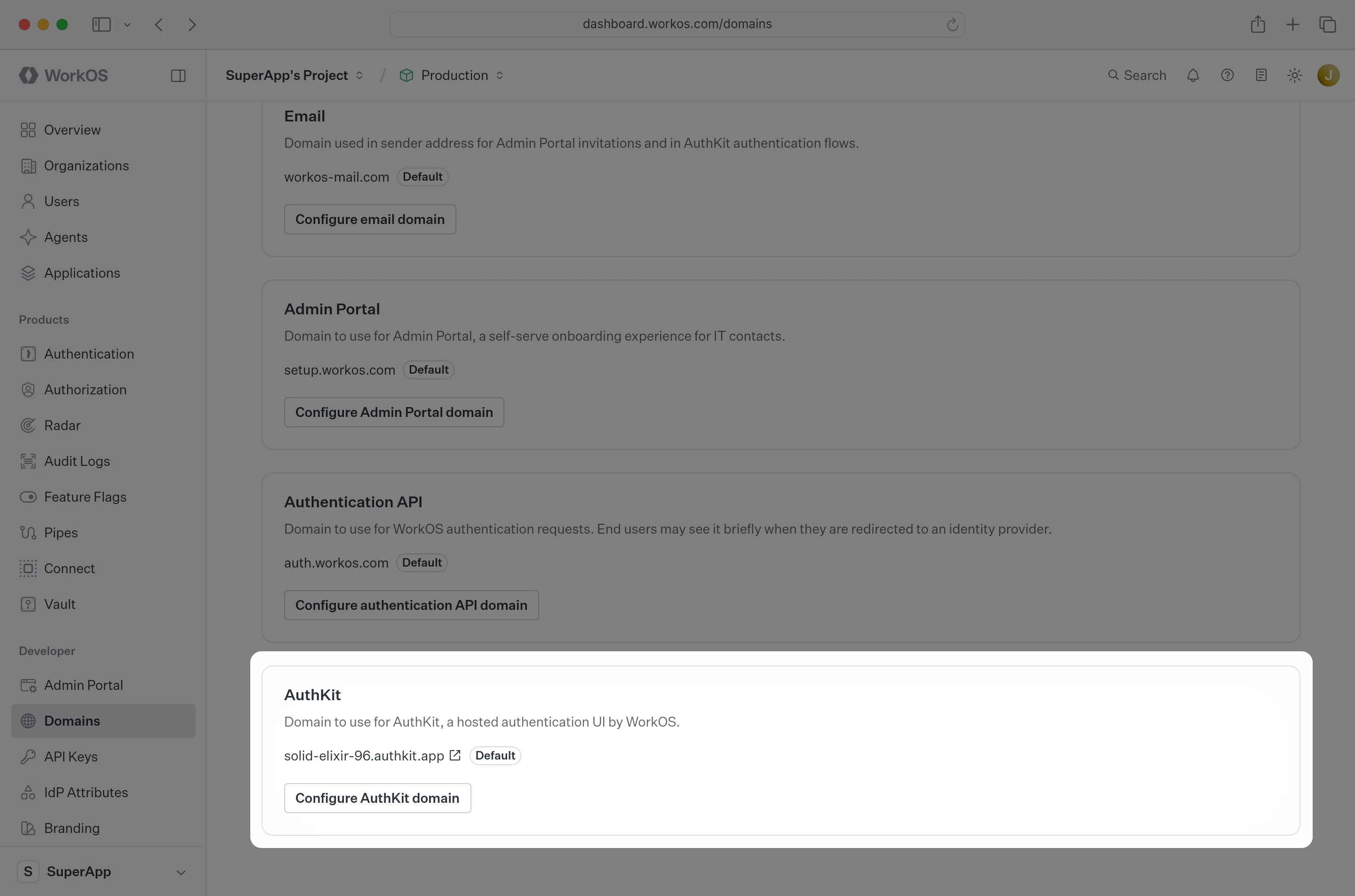 Dashboard displaying domain configuration settings