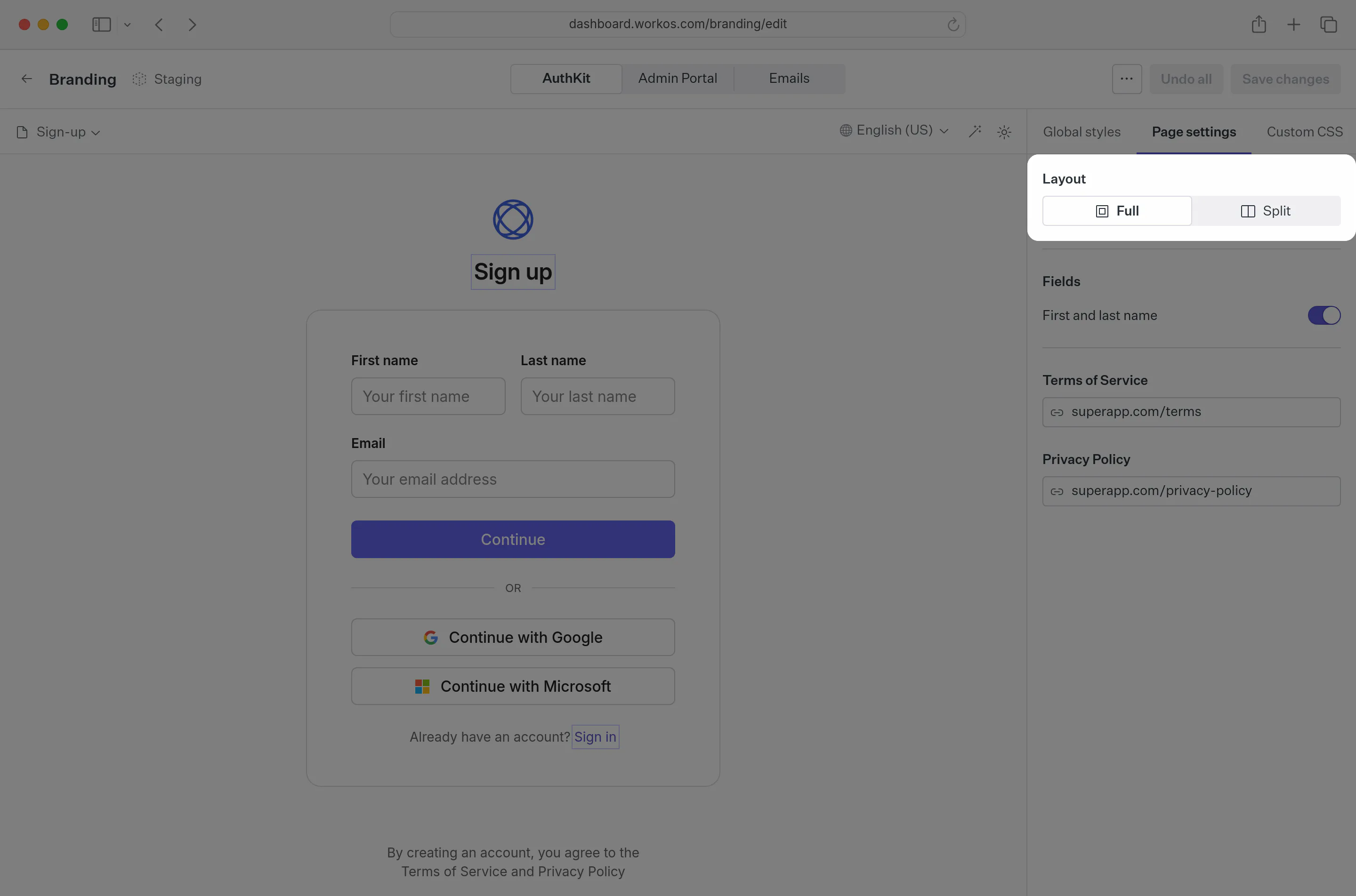 Page layout in the brand editor