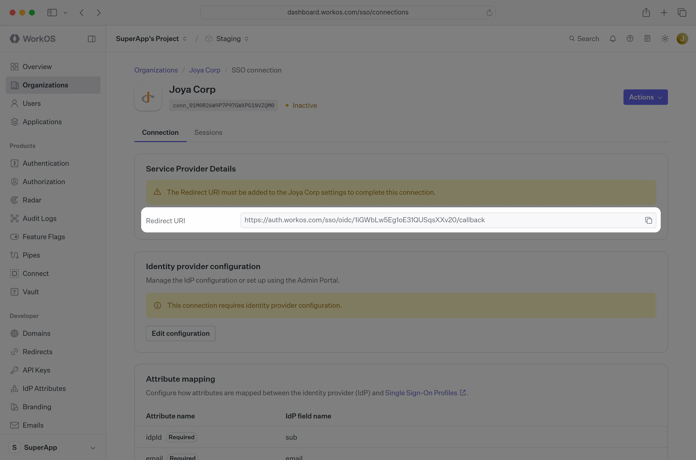 The Redirect URI of a OIDC connection in the WorkOS Dashboard.