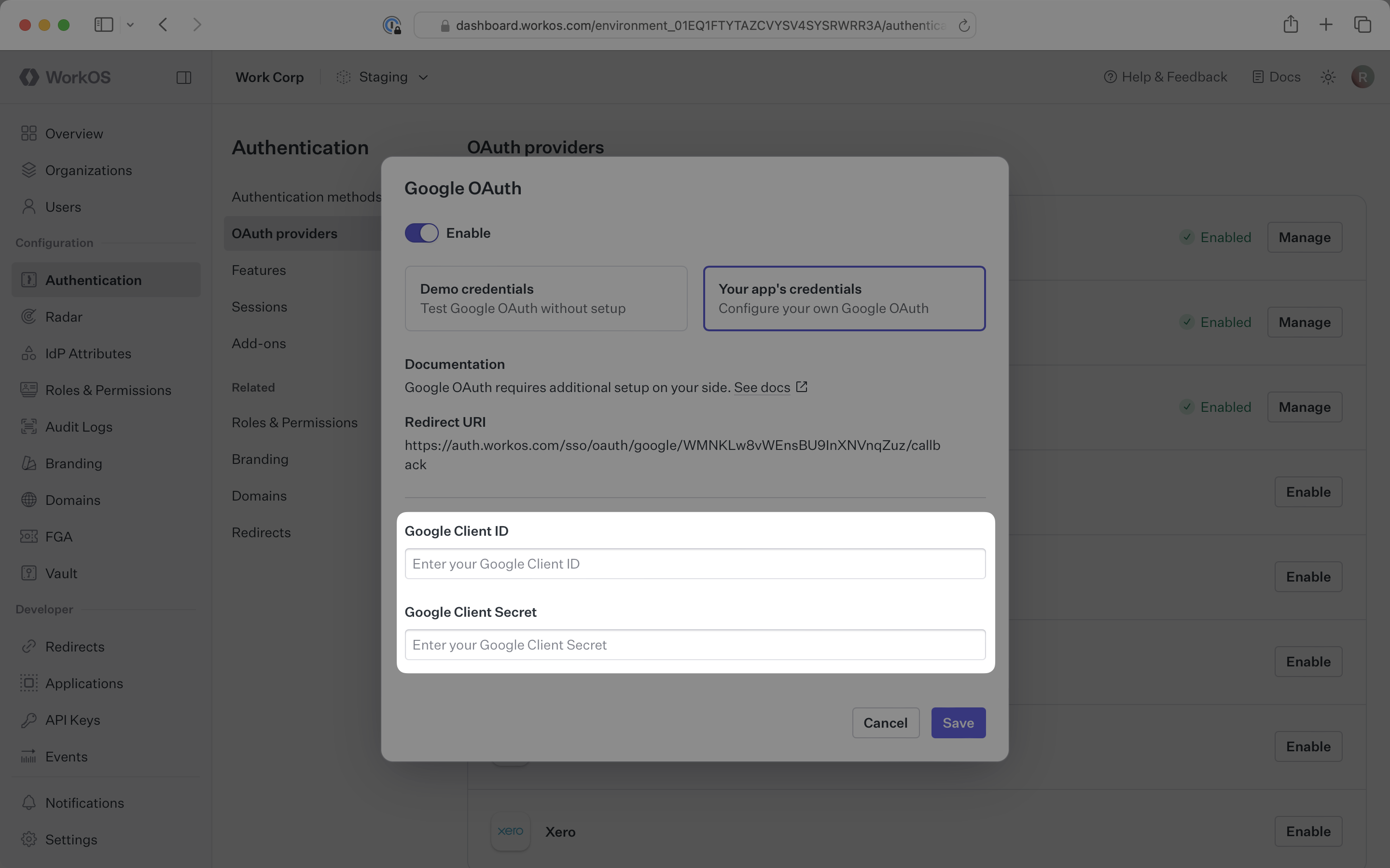 Where to enter the Google Client ID and Google Client Secret in the WorkOS Dashboard.