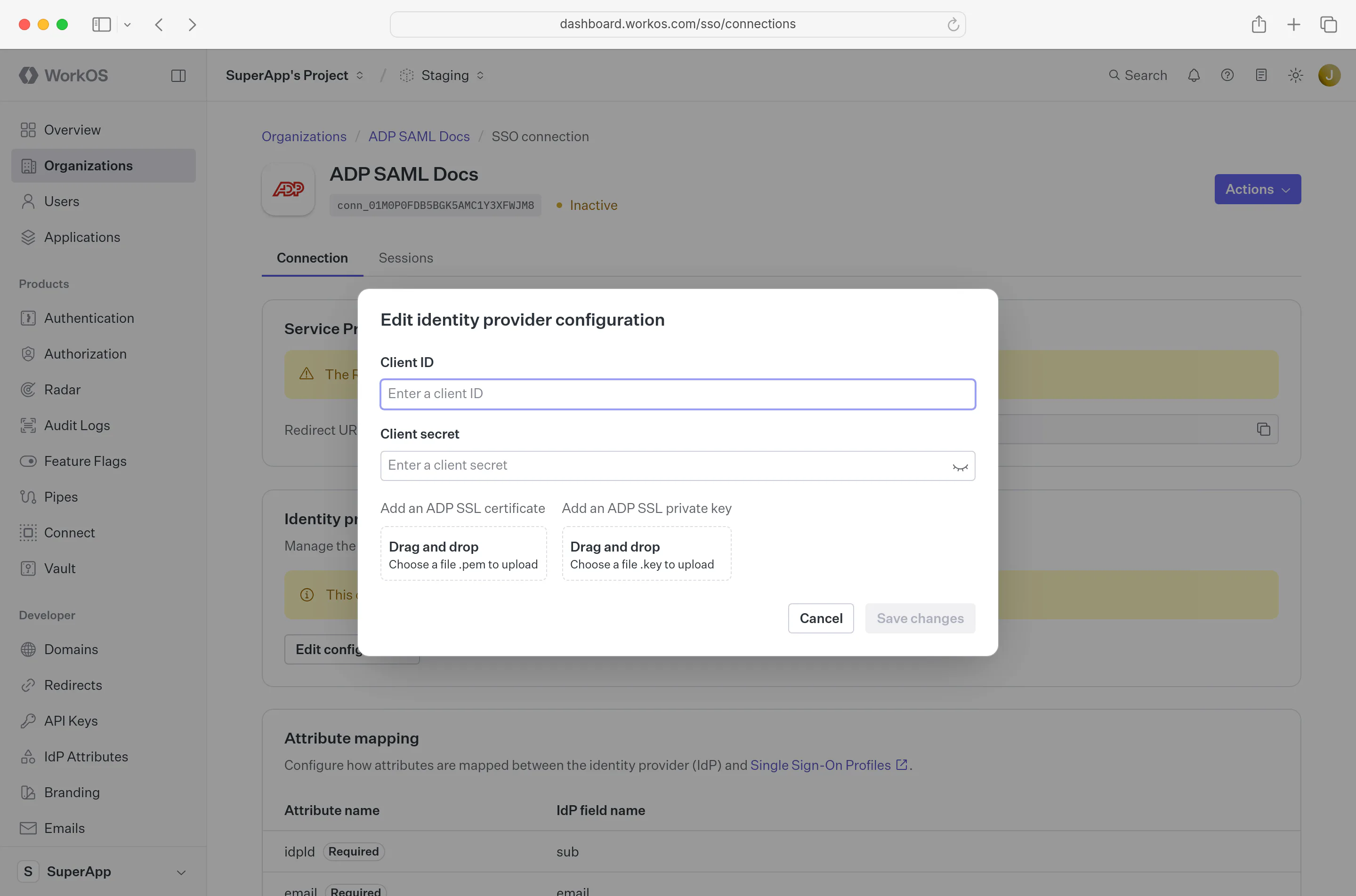 A screenshot showing where to upload the ADP SSL Certificate and Private Key in the WorkOS Dashboard