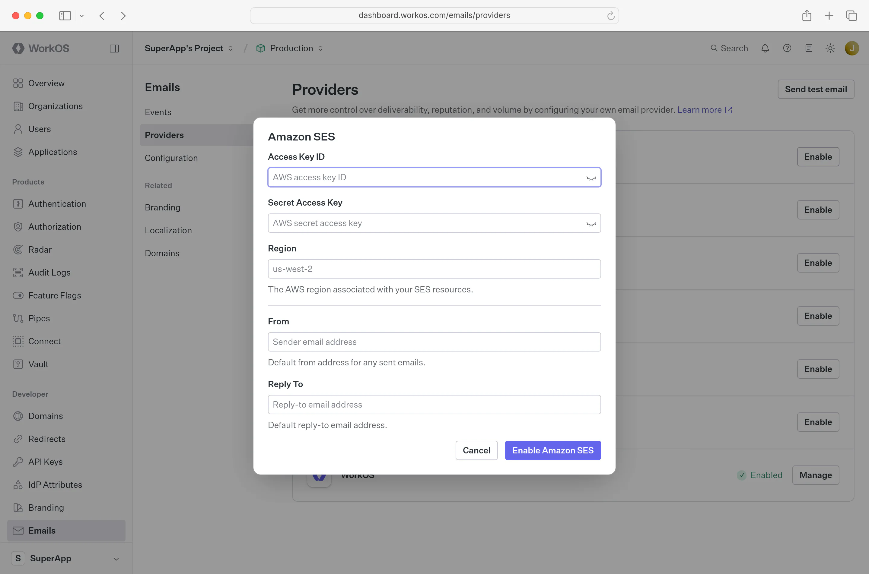 A screenshot showing the WorkOS Dashboard Amazon SES custom email provider configuration