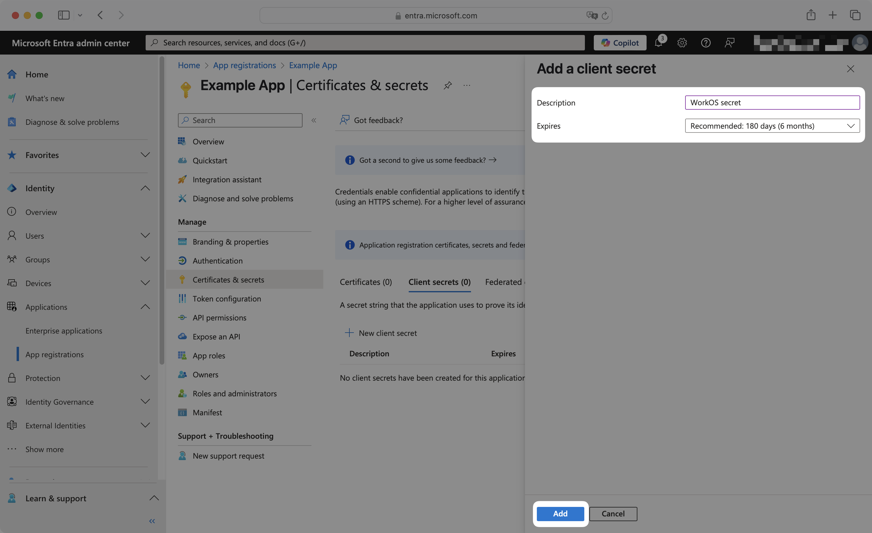 Add a client secret panel with the description, expires at fields highlighted