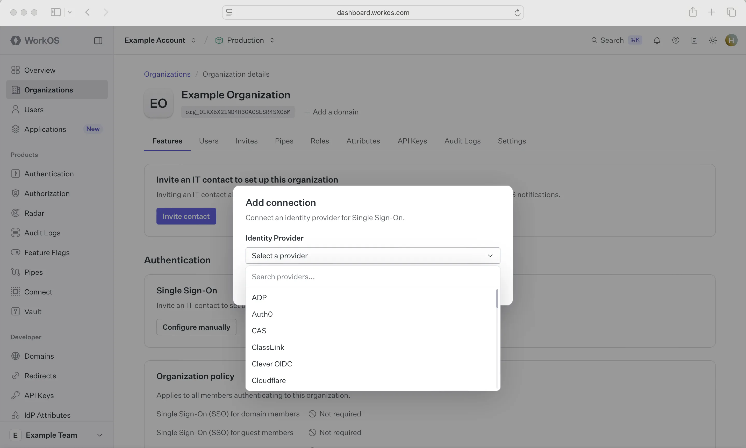 A screenshot showing "Identity Provider selection" details in the WorkOS Dashboard.