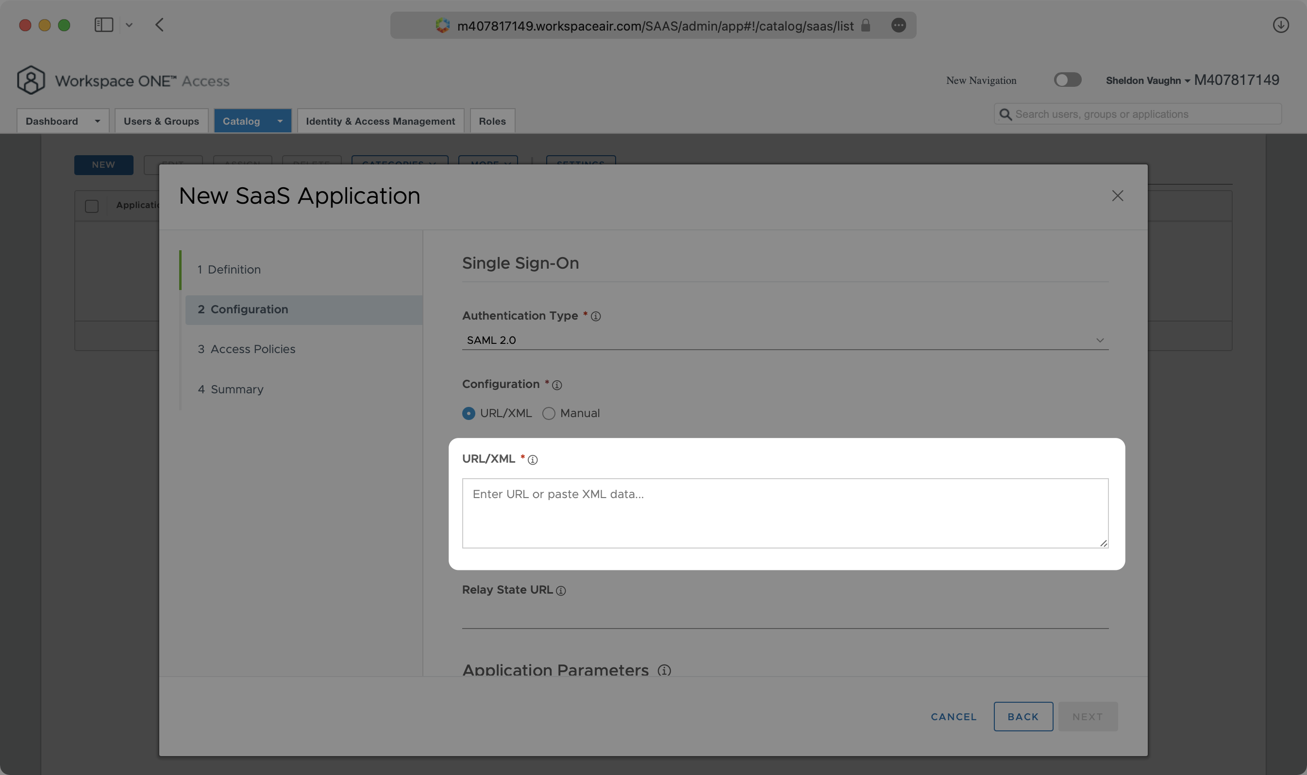 A screenshot showing where to input WorkOS SP metadata when configuring VMware application.