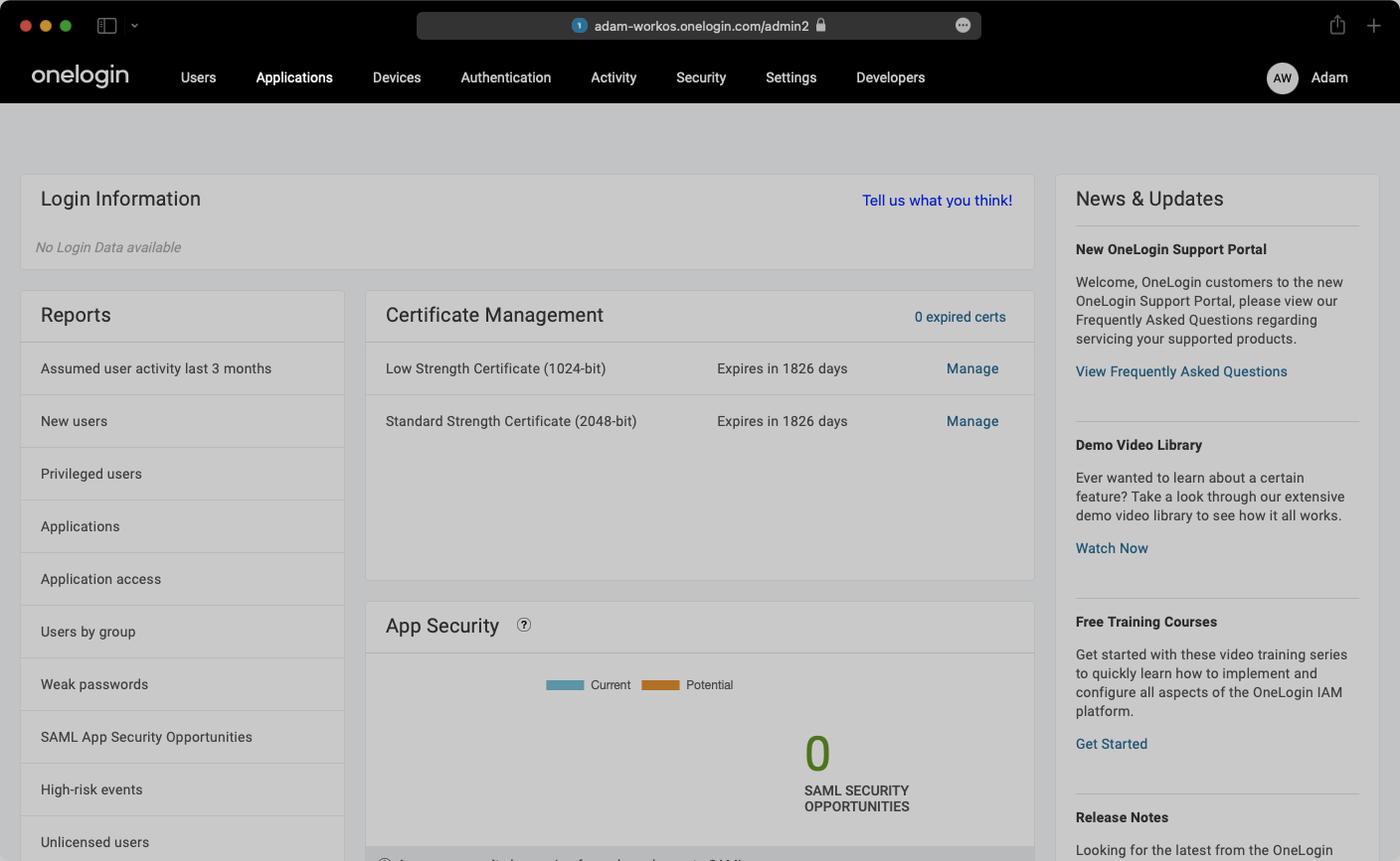 A screenshot showing the "Applications" button in the OneLogin Dashboard.