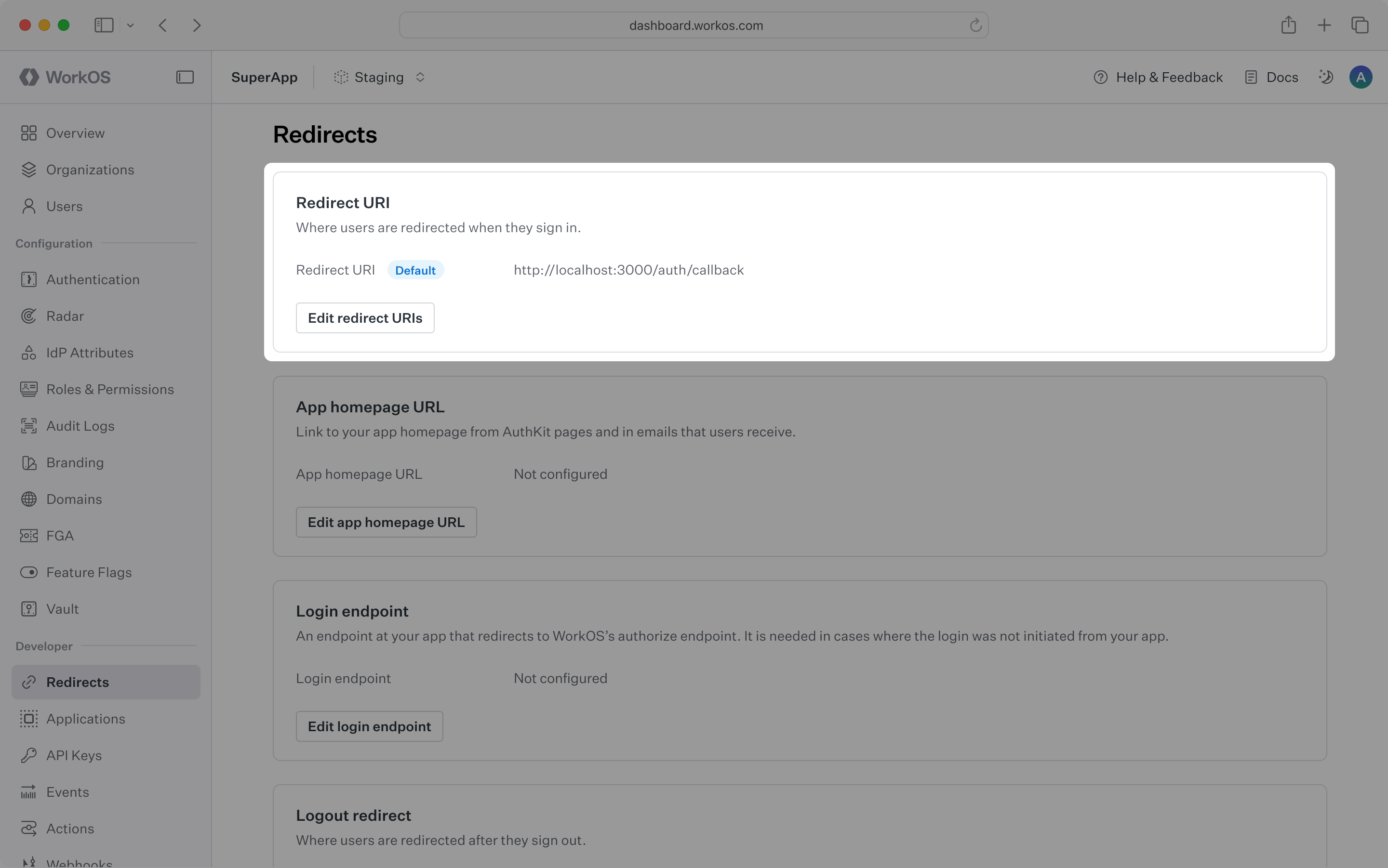 Dashboard Redirect URIs