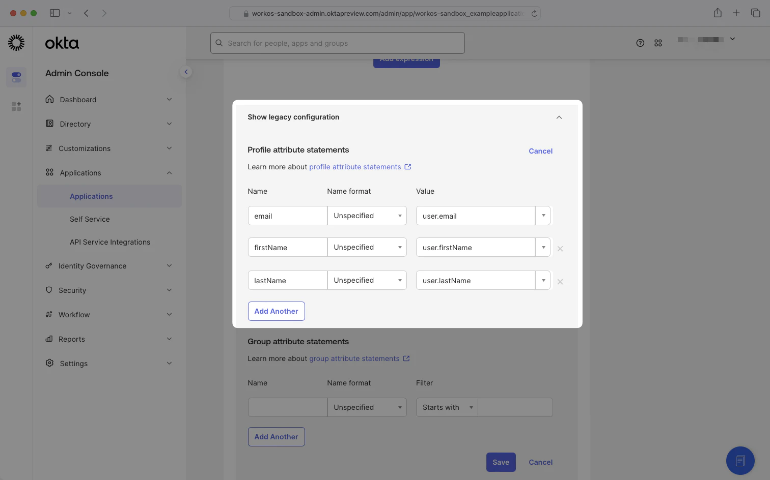 A screenshot showing the "Profile attribute statements" configuration in the Okta Dashboard.