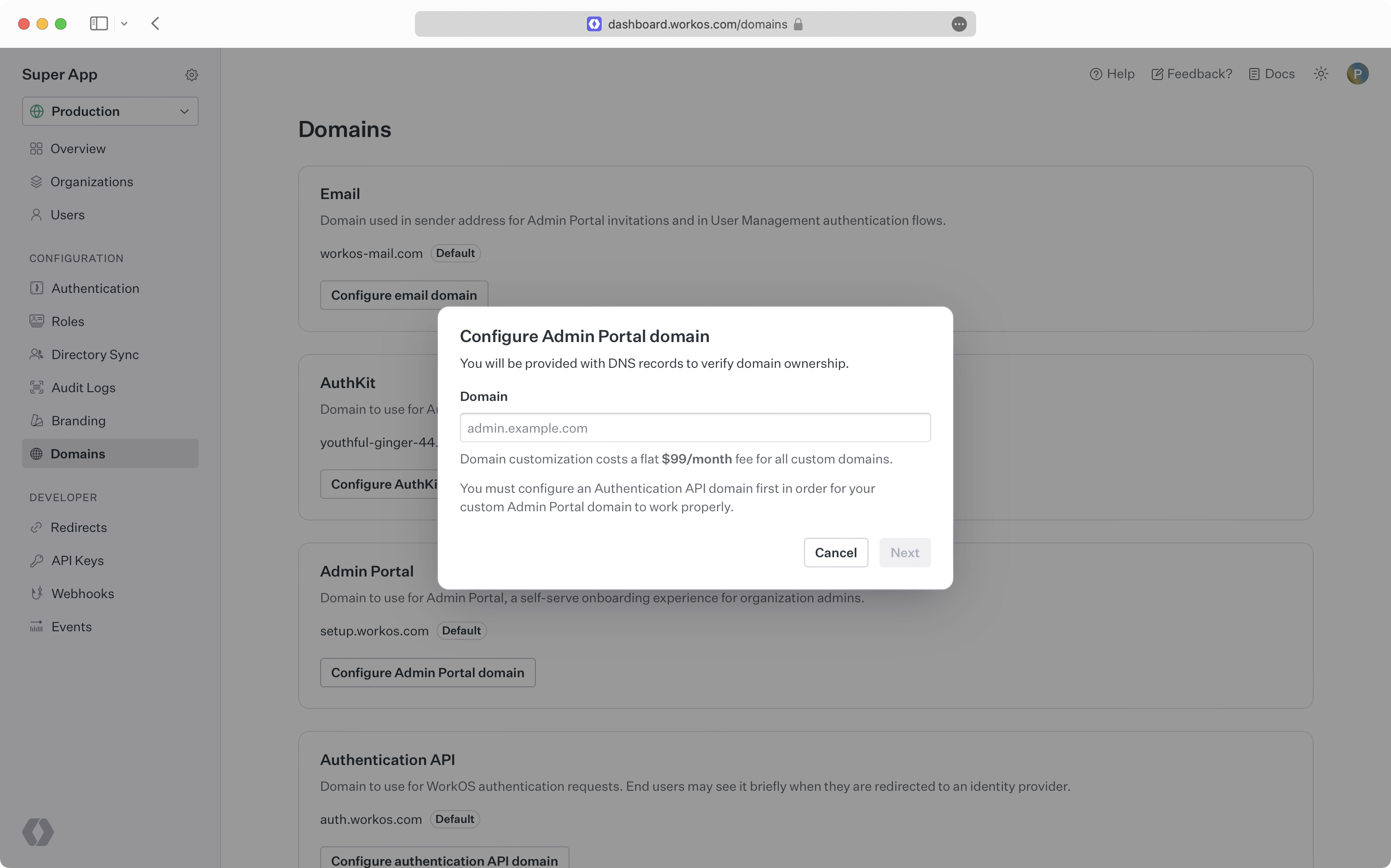 Dashboard displaying a domain entry input