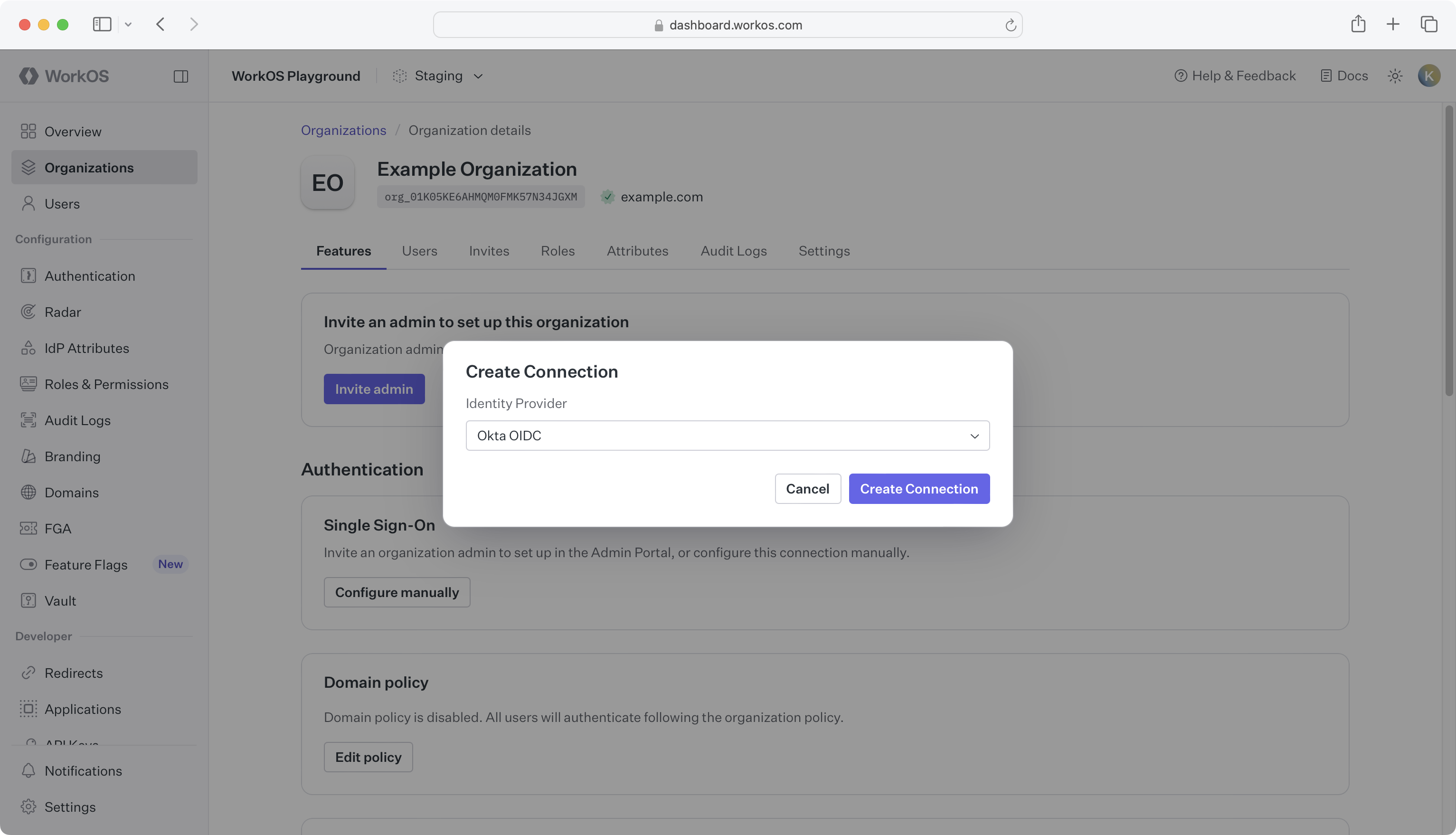 Create Connection form with Okta OIDC selected as Identity Provider