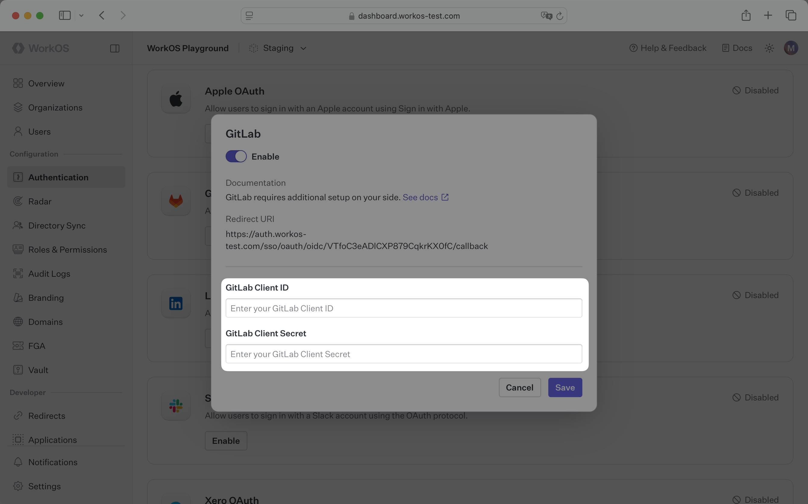 Where to enter GitLab client credentials in the WorkOS dashboard.