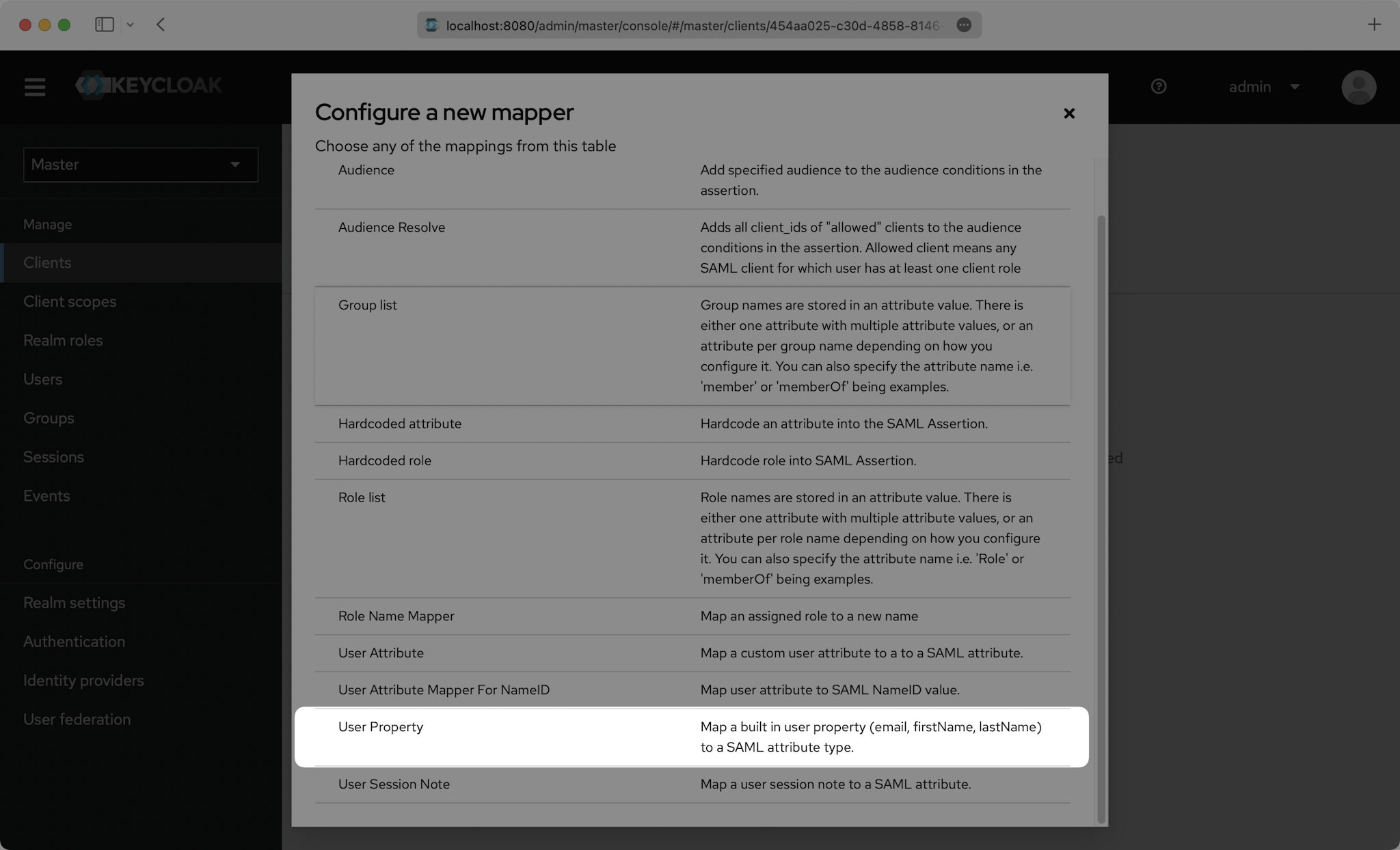 A screenshot highlighting the "User Property" field in the Keycloak dashboard.