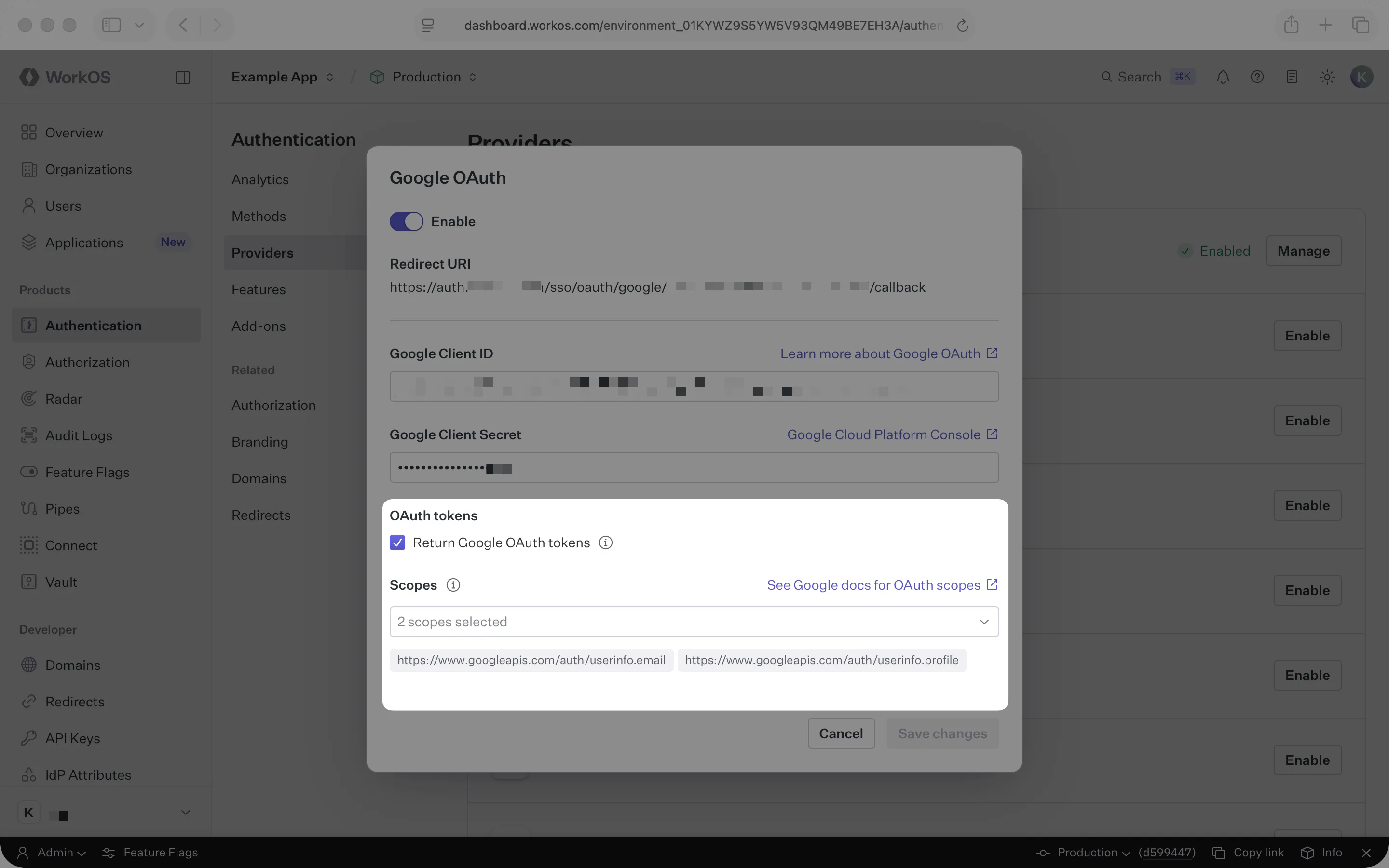 An image showing Google OAuth scopes configuration in the WorkOS Dashboard