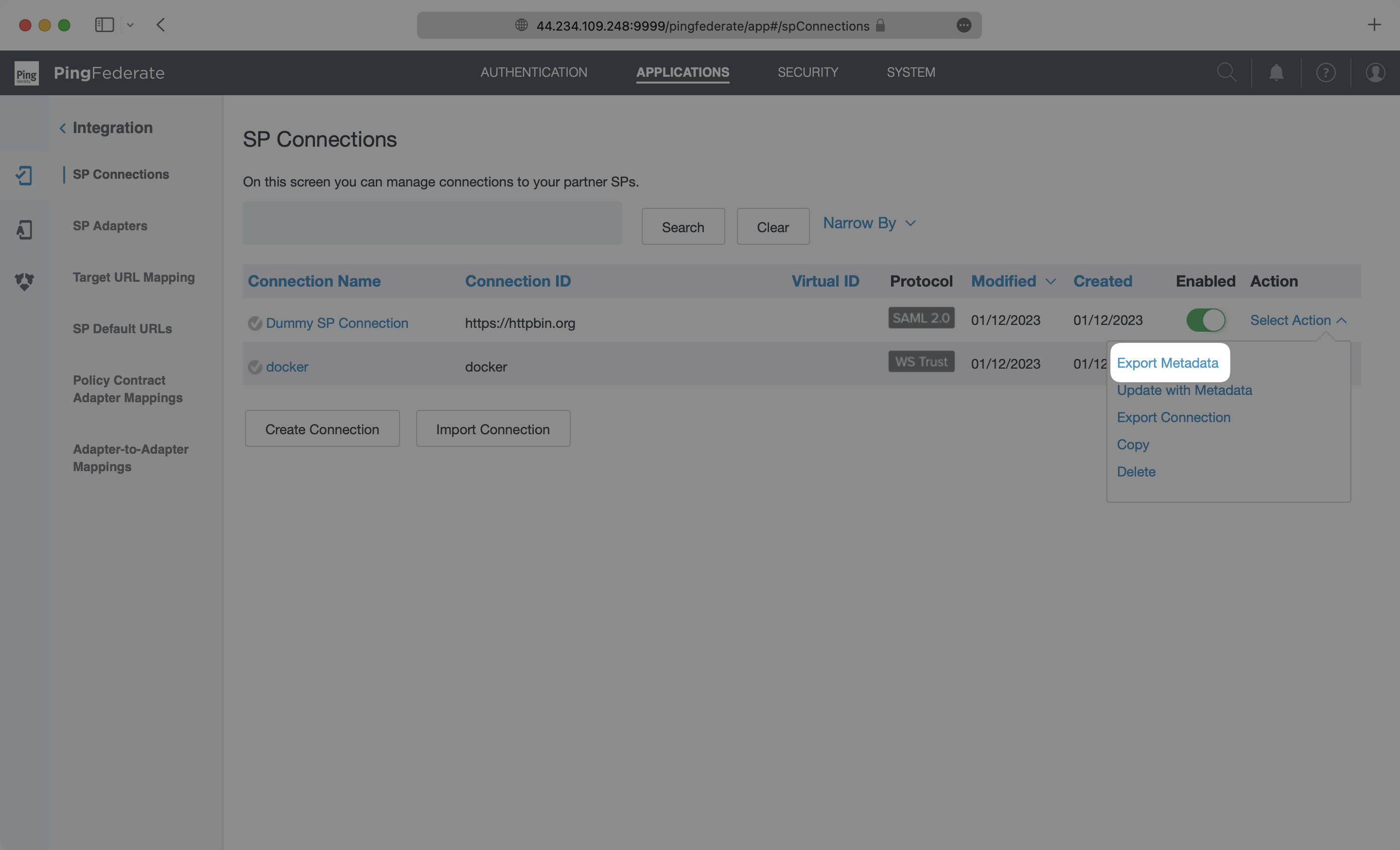 A screenshot showing where to download the IdP metadata file in PingFederate.