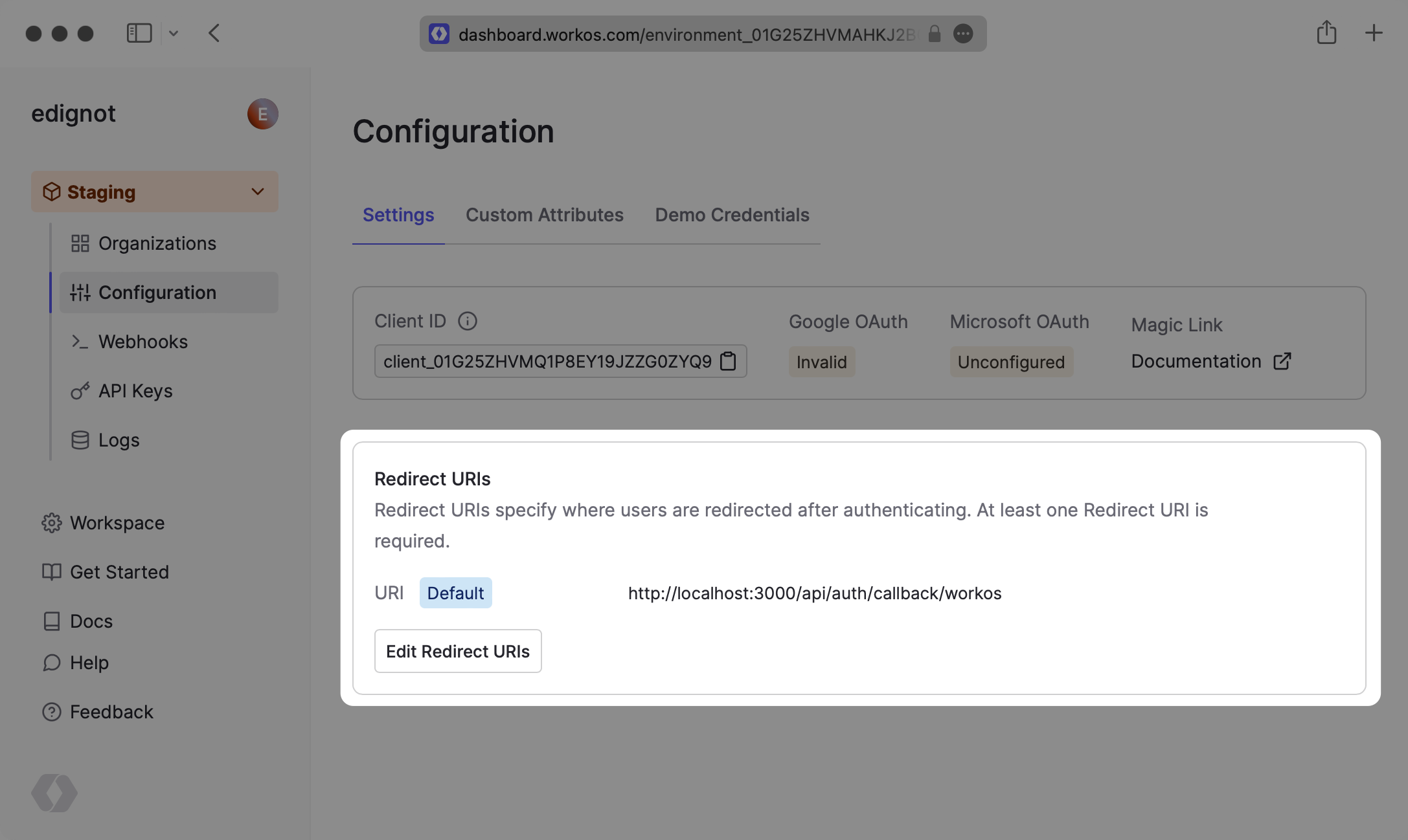 A screenshot highlighting the redirect URIs in the "Configuration" tab in the WorkOS dashboard.