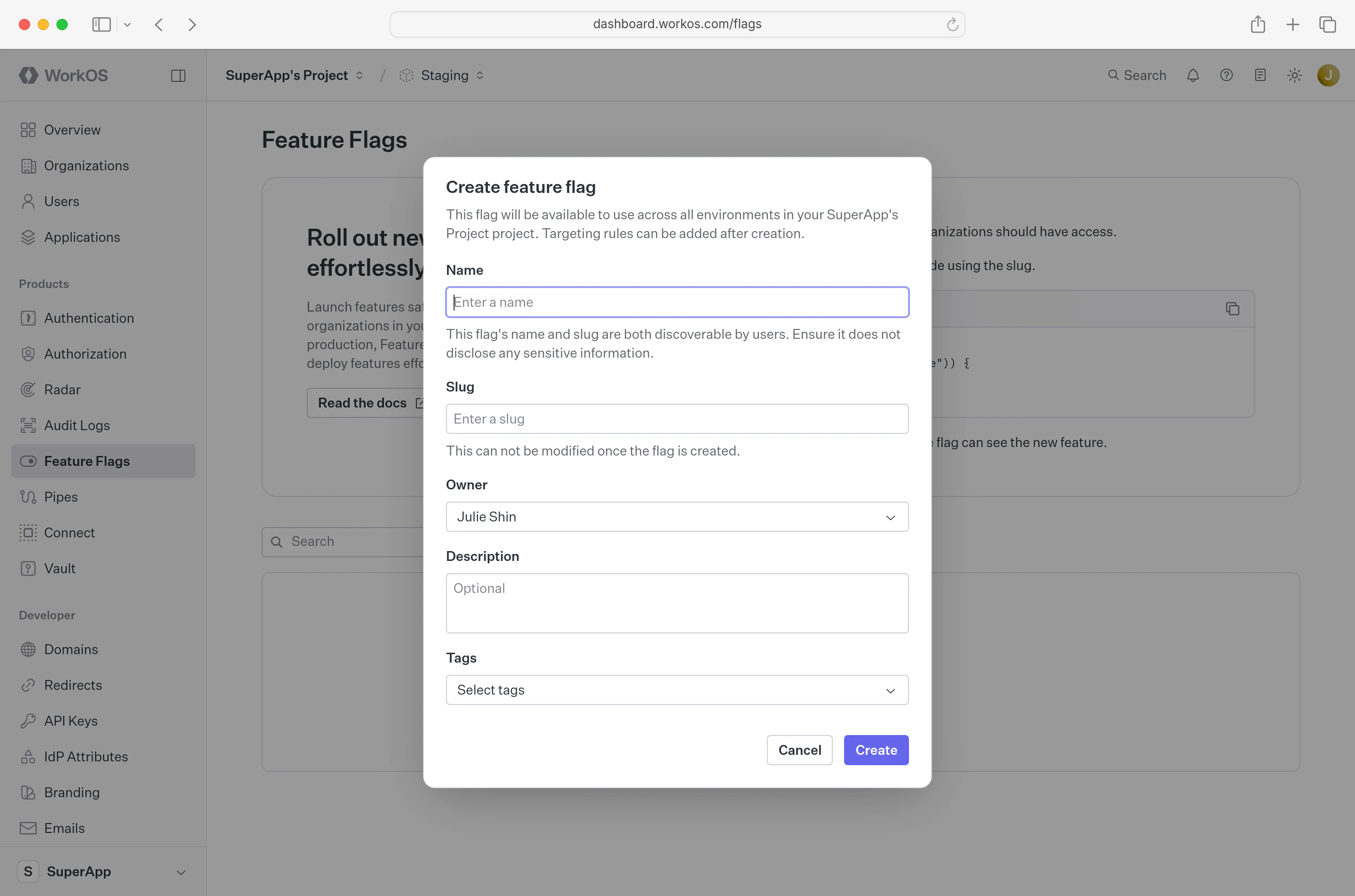 A screenshot showing the WorkOS dashboard feature flags page.