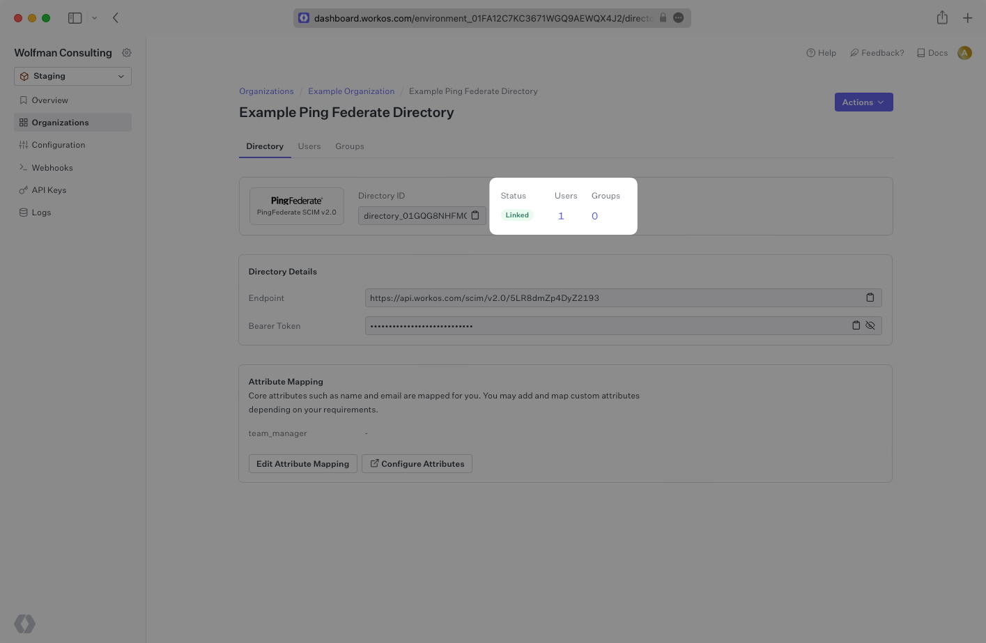 A screenshot showing a linked PingFederate SCIM connection in the WorkOS dashboard.