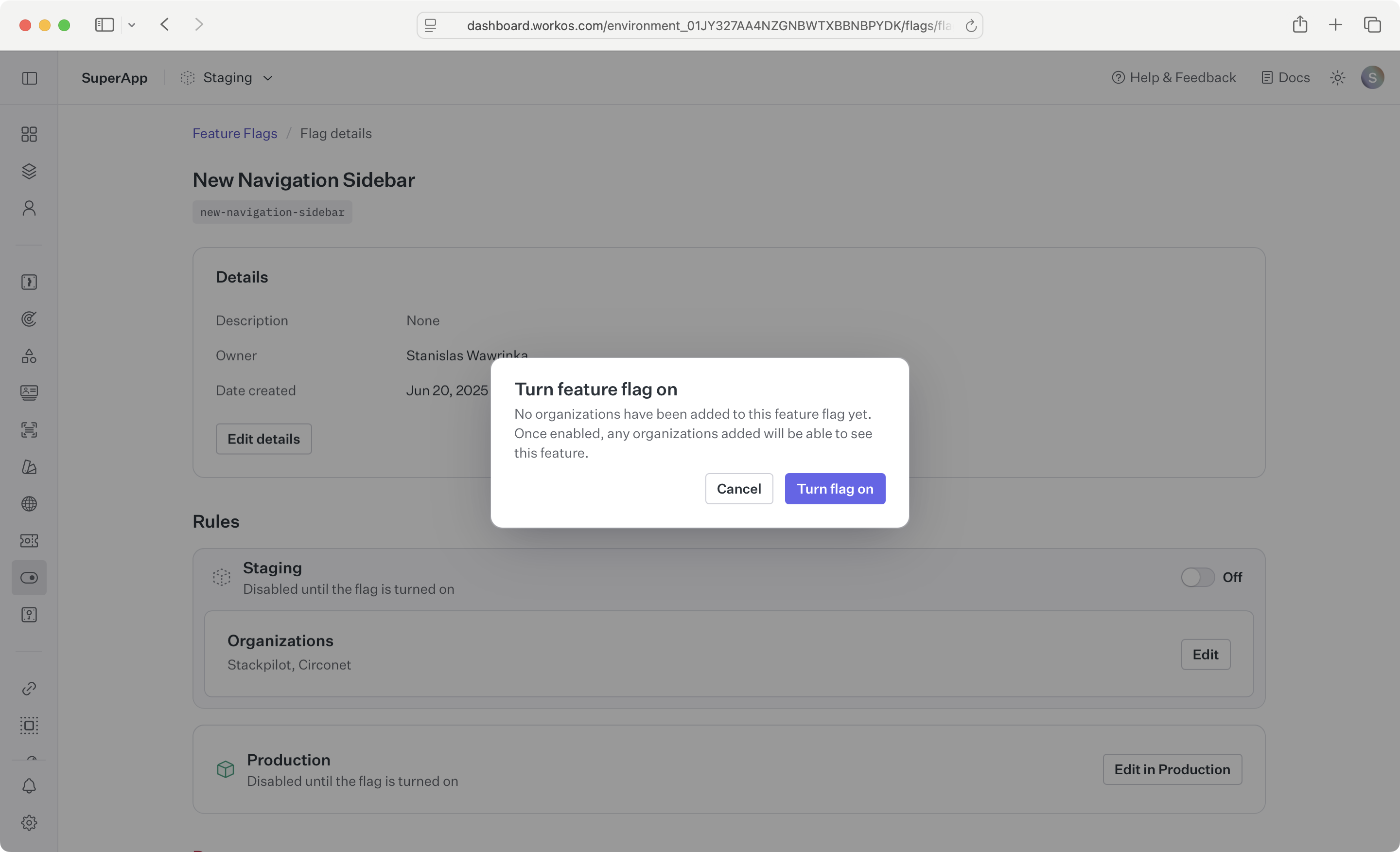 A screenshot showing the enabling of a feature flag.