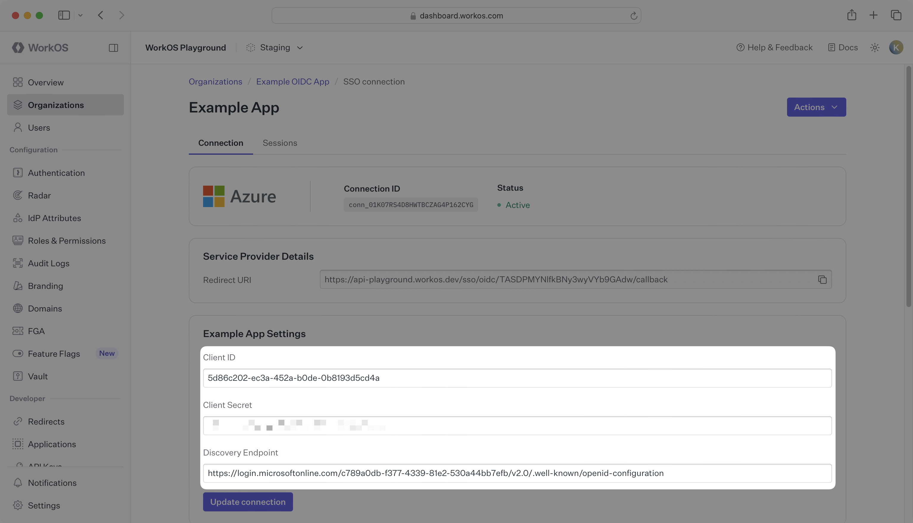 WorkOS Dashboard Identity Provider Configuration with Client ID, Client Secret, and Discovery Endpoint fields