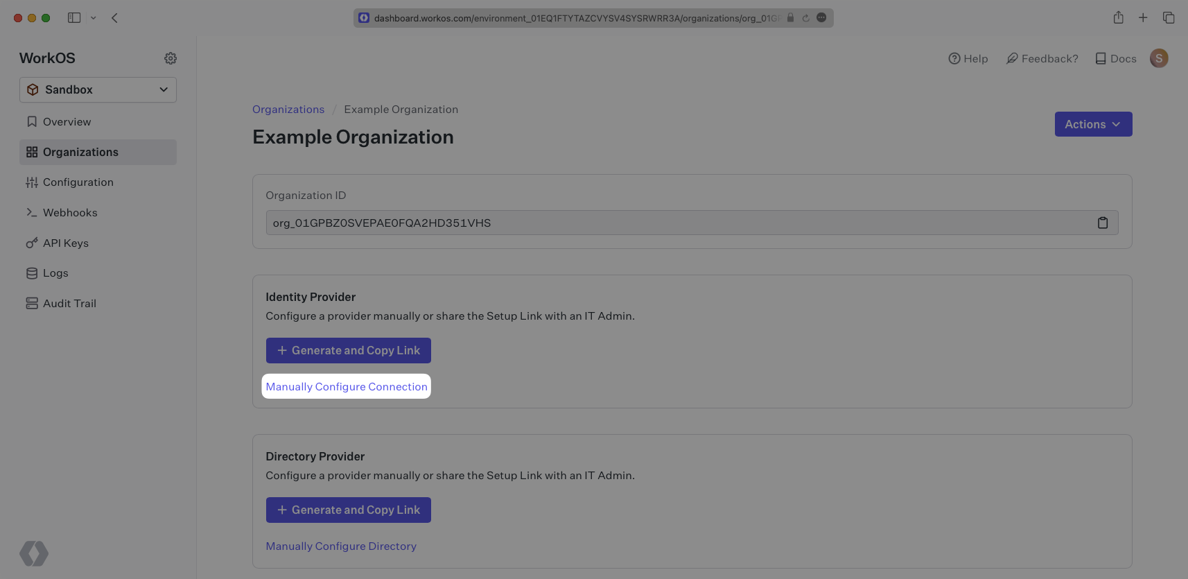 A screenshot showing where to select "Manually Configure Connection" in the WorkOS dashboard.