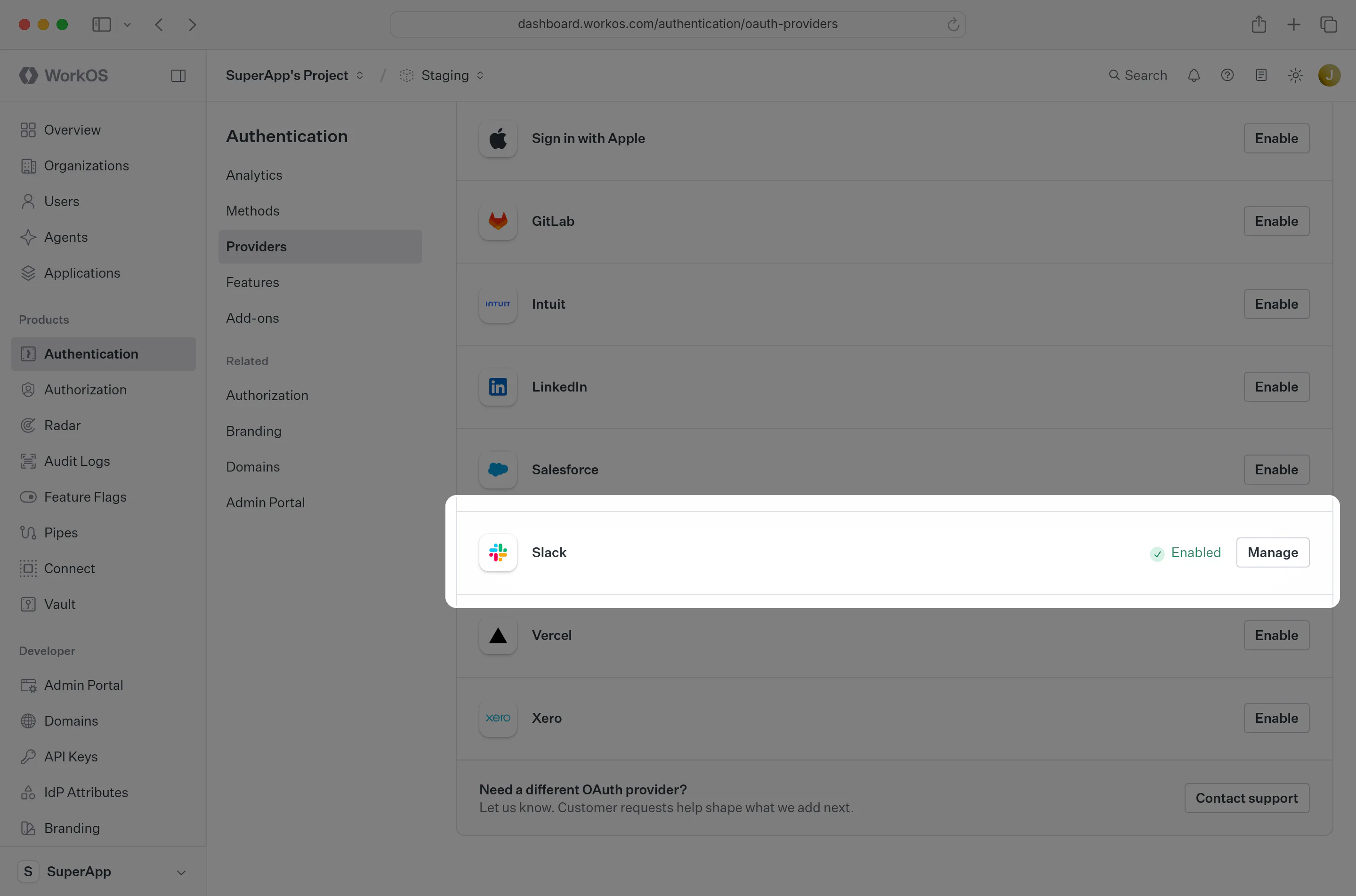 The Slack OAuth section in the WorkOS Dashboard.