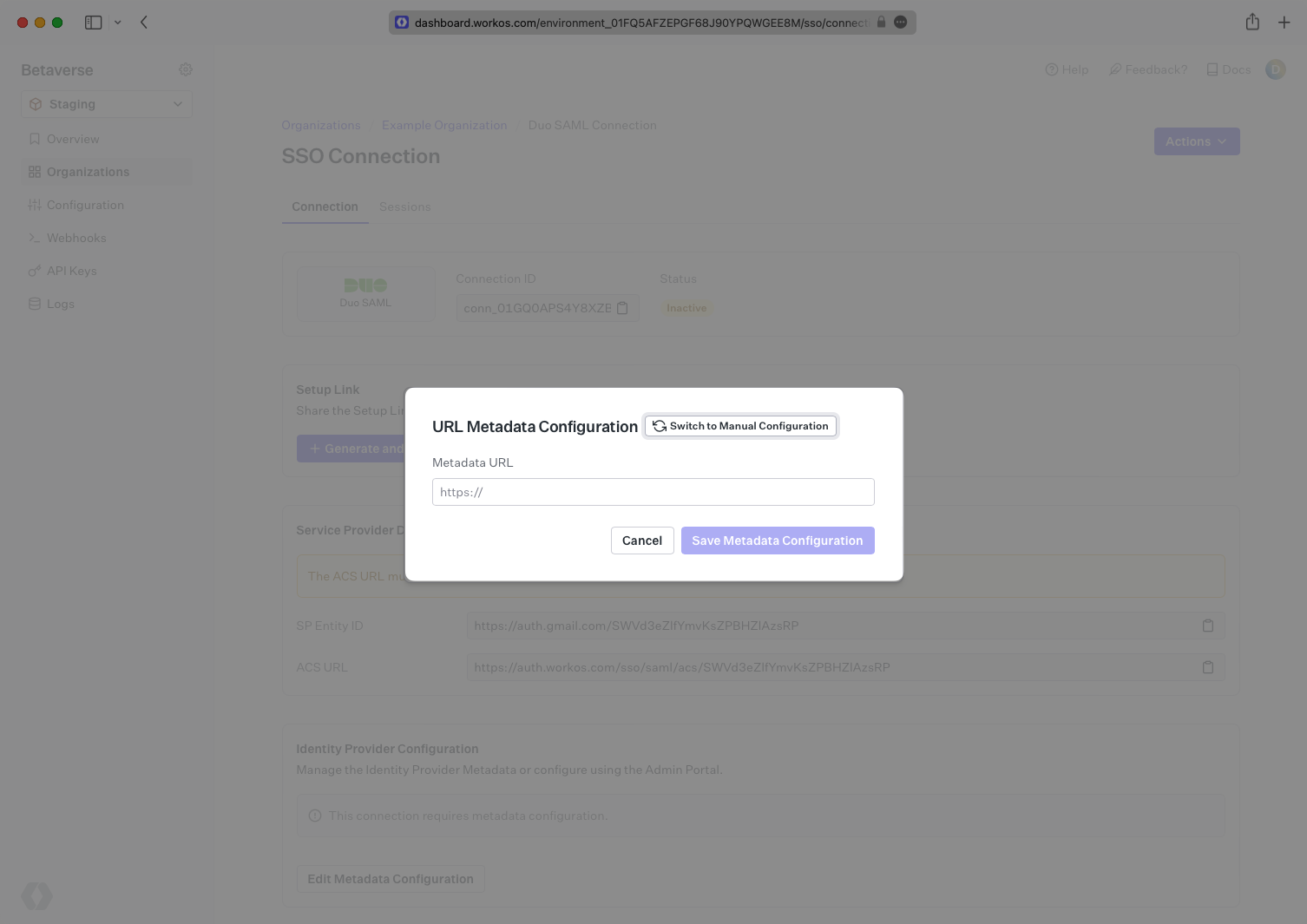 A screenshot showing how to add the IdP metadata in the WorkOS dashboard.