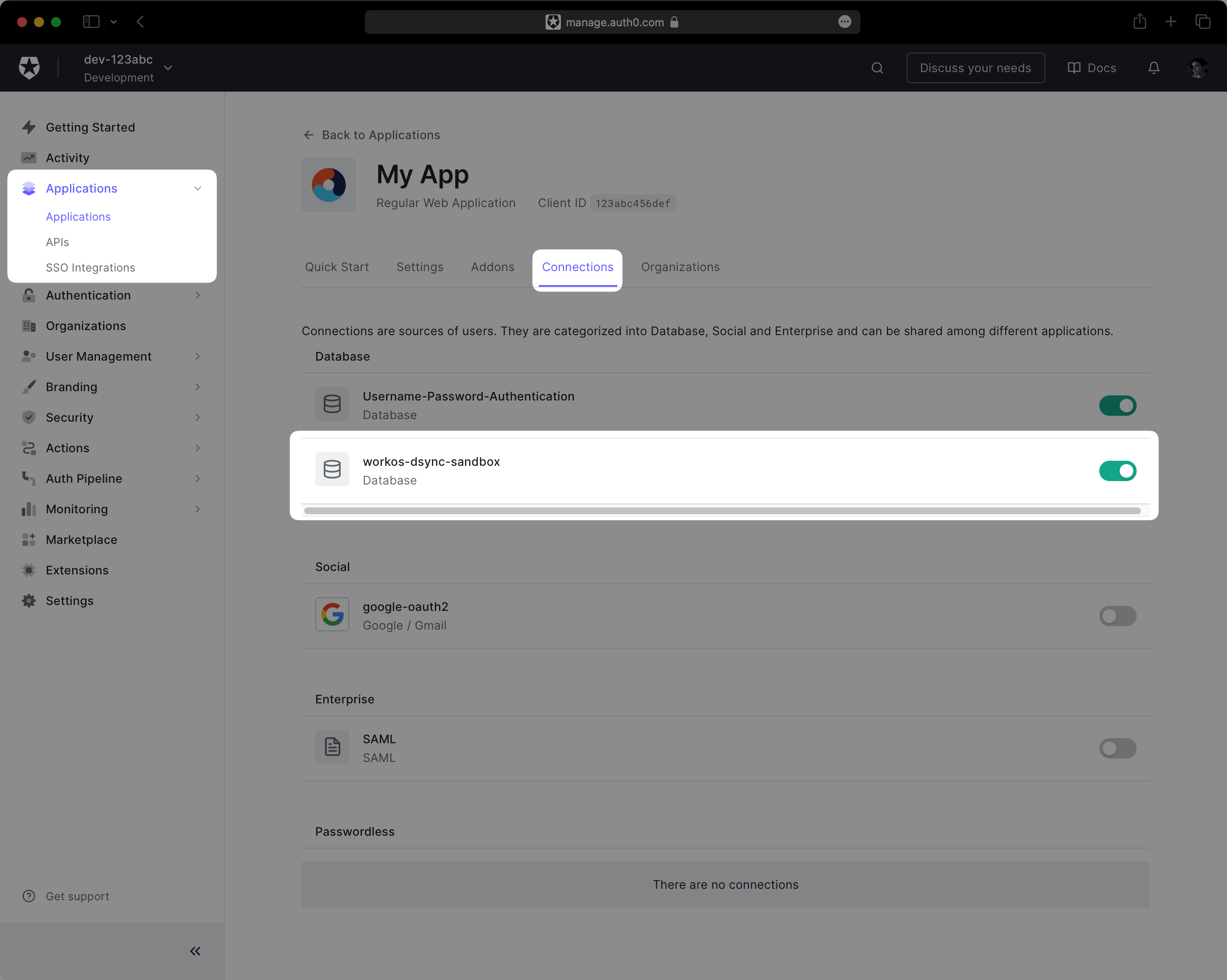 A screenshot showing enabled connections for an application in the Auth0 dashboard.