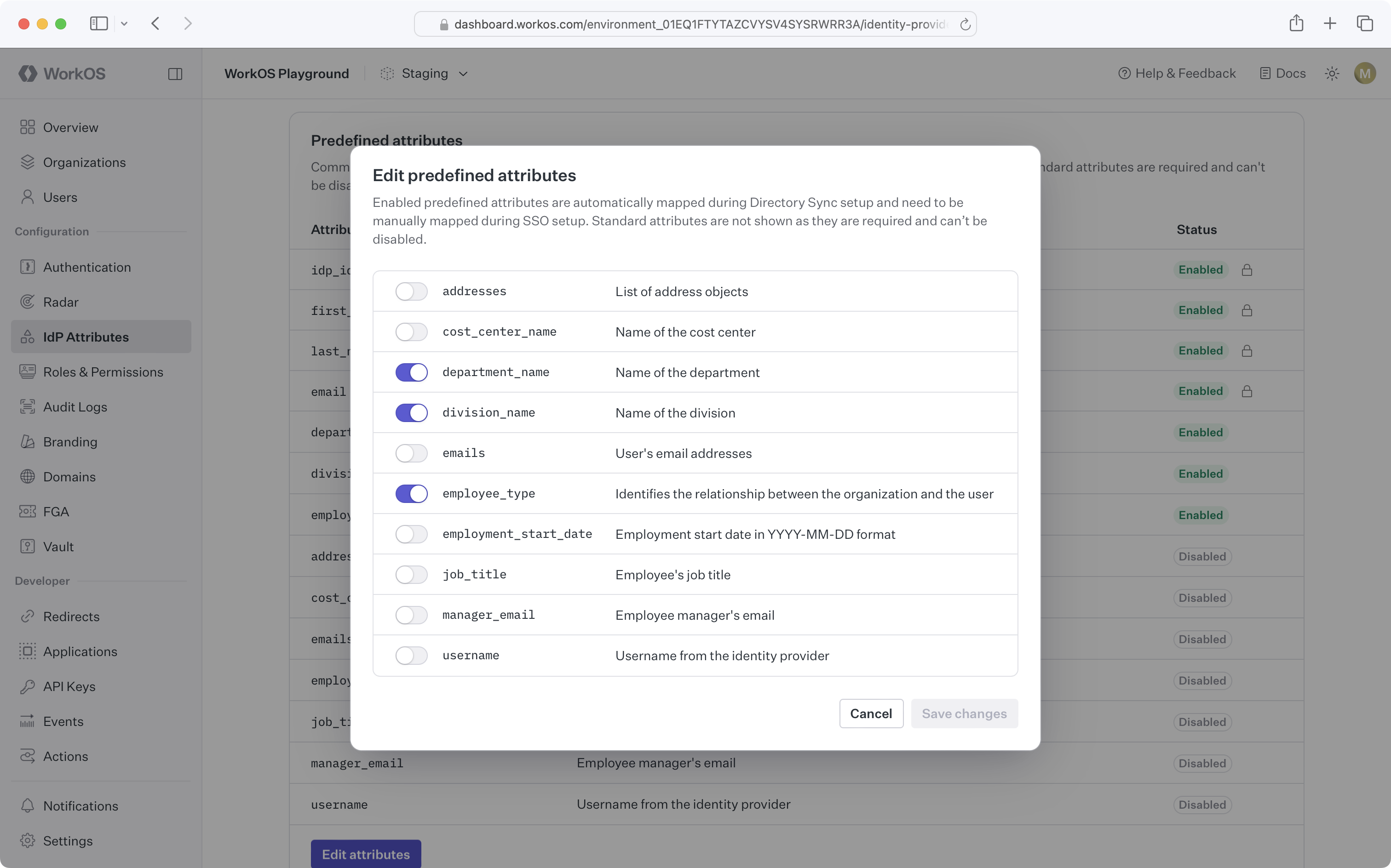 WorkOS Dashboard UI showing editing predefined attributes