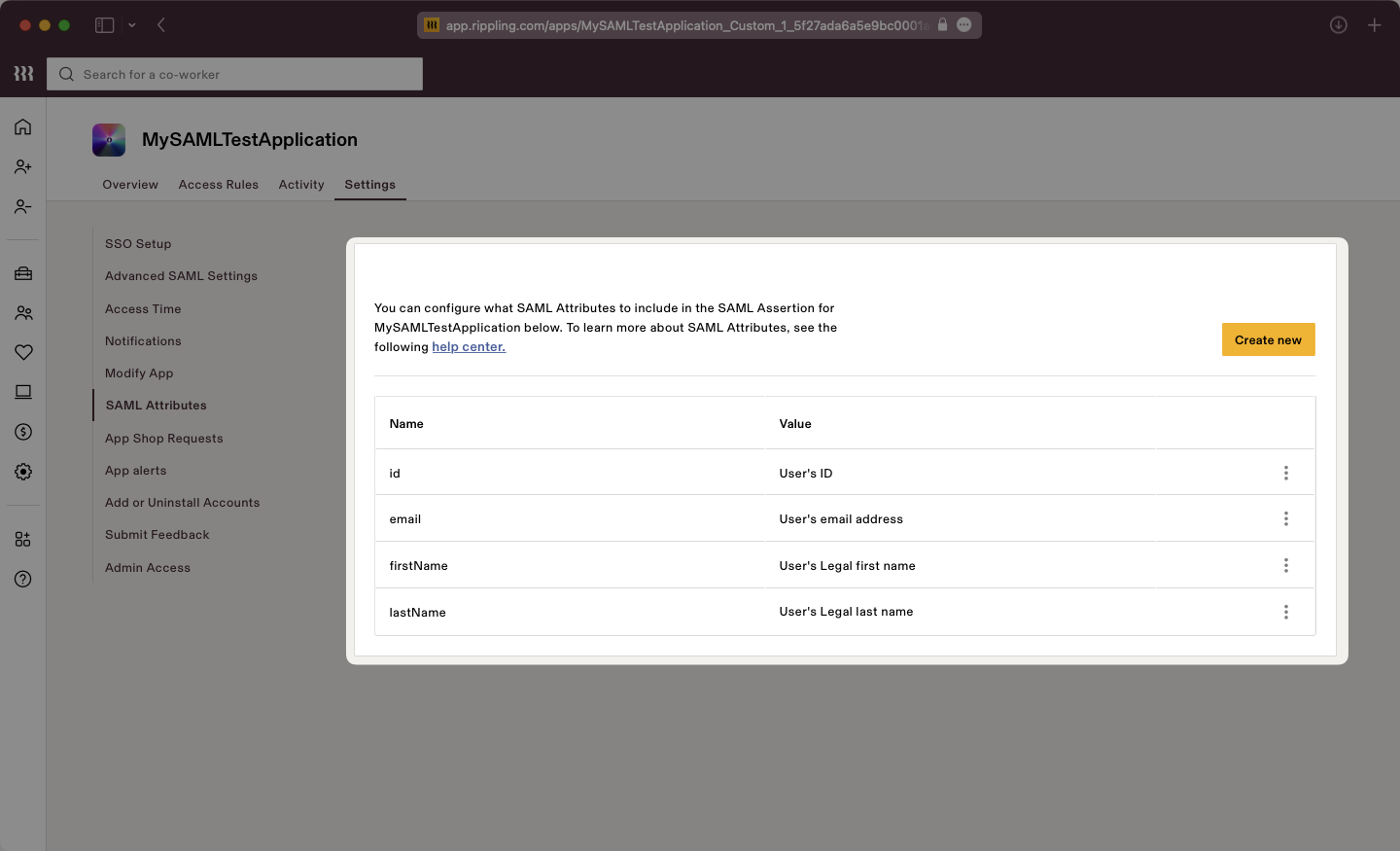 A screenshot showing the proper configuration of the "SAML Attributes" in the Rippling dashboard.