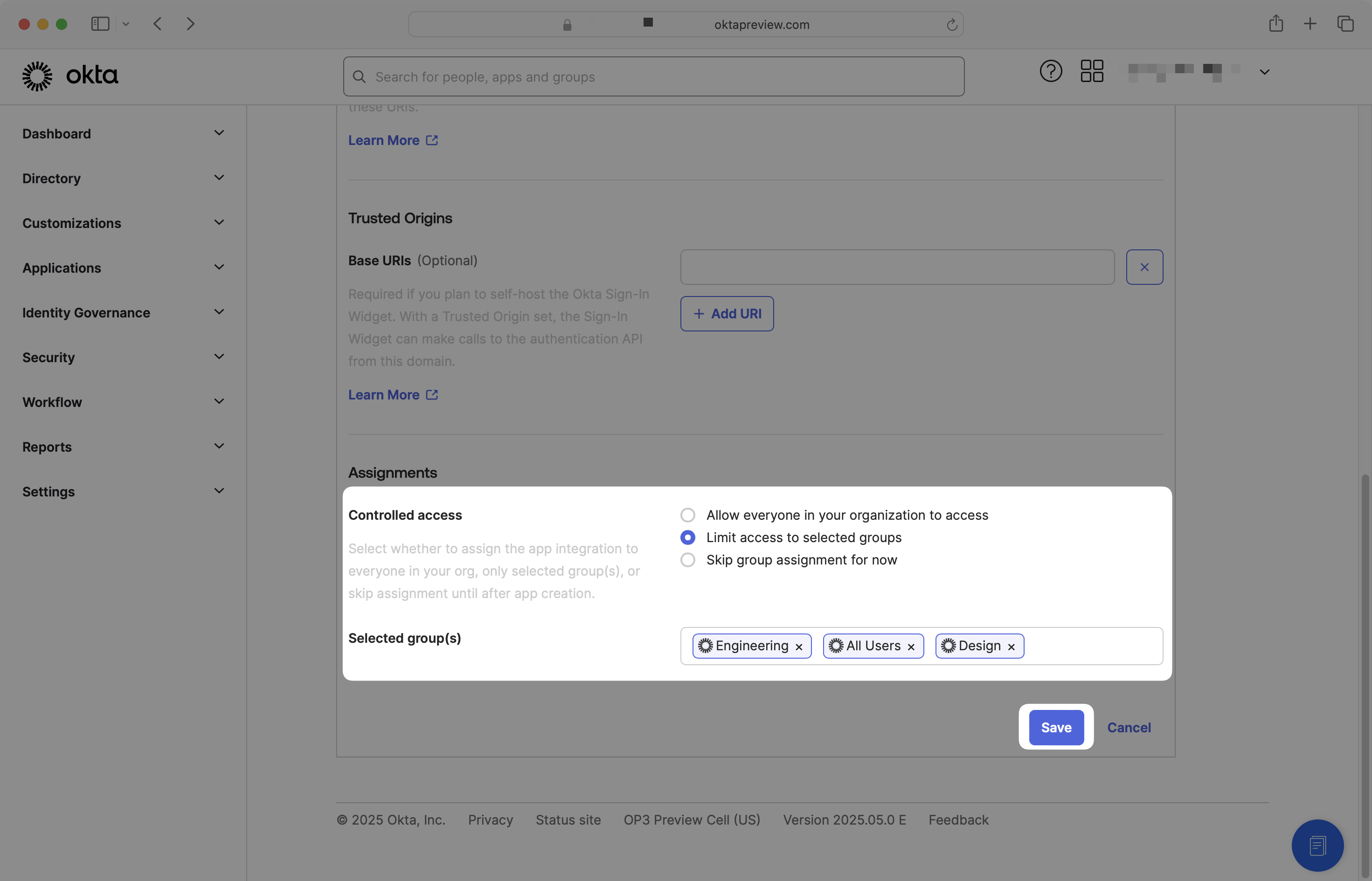 Assignments section with "Limit access to selected groups" option selected