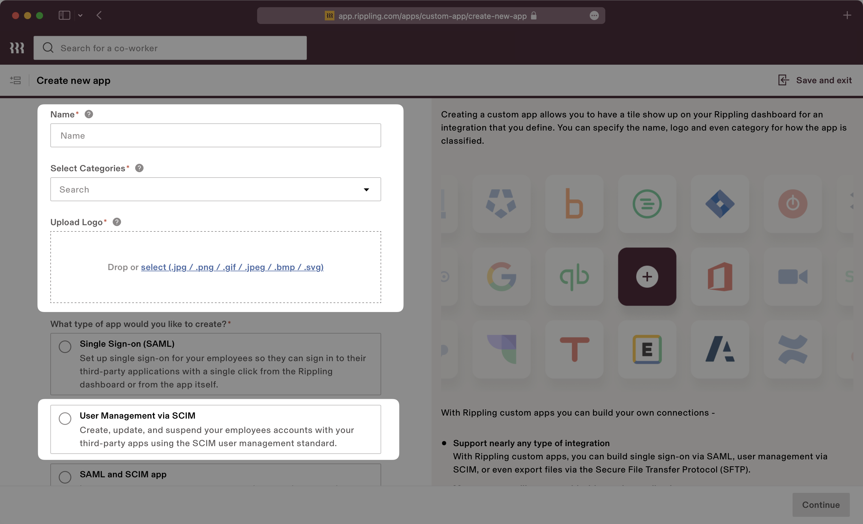 A screenshot showing where to fill in the name, categories, logo, and type of custom app in Rippling.