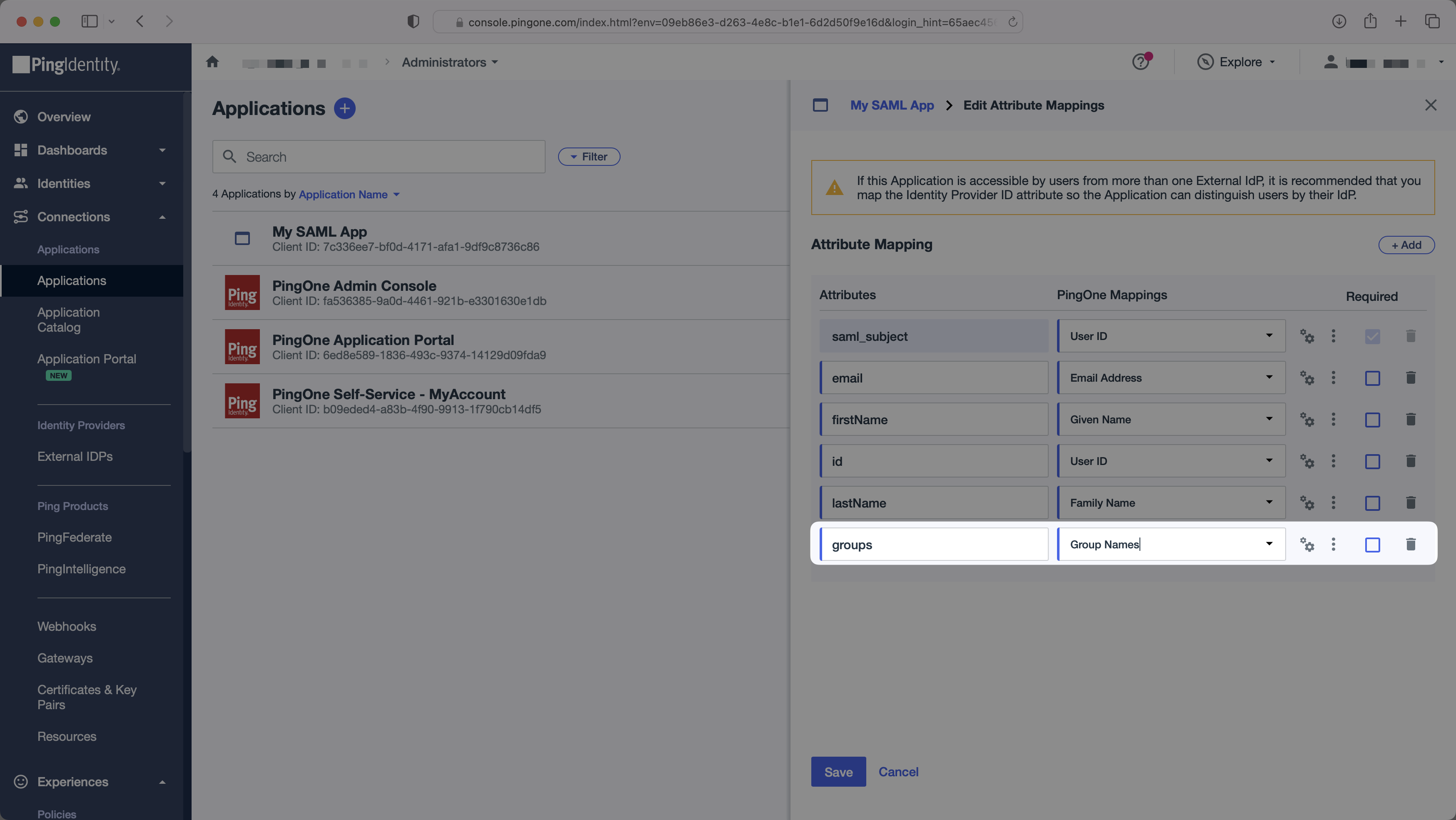 A screenshot showing where to configure SAML groups attribute in PingOne.