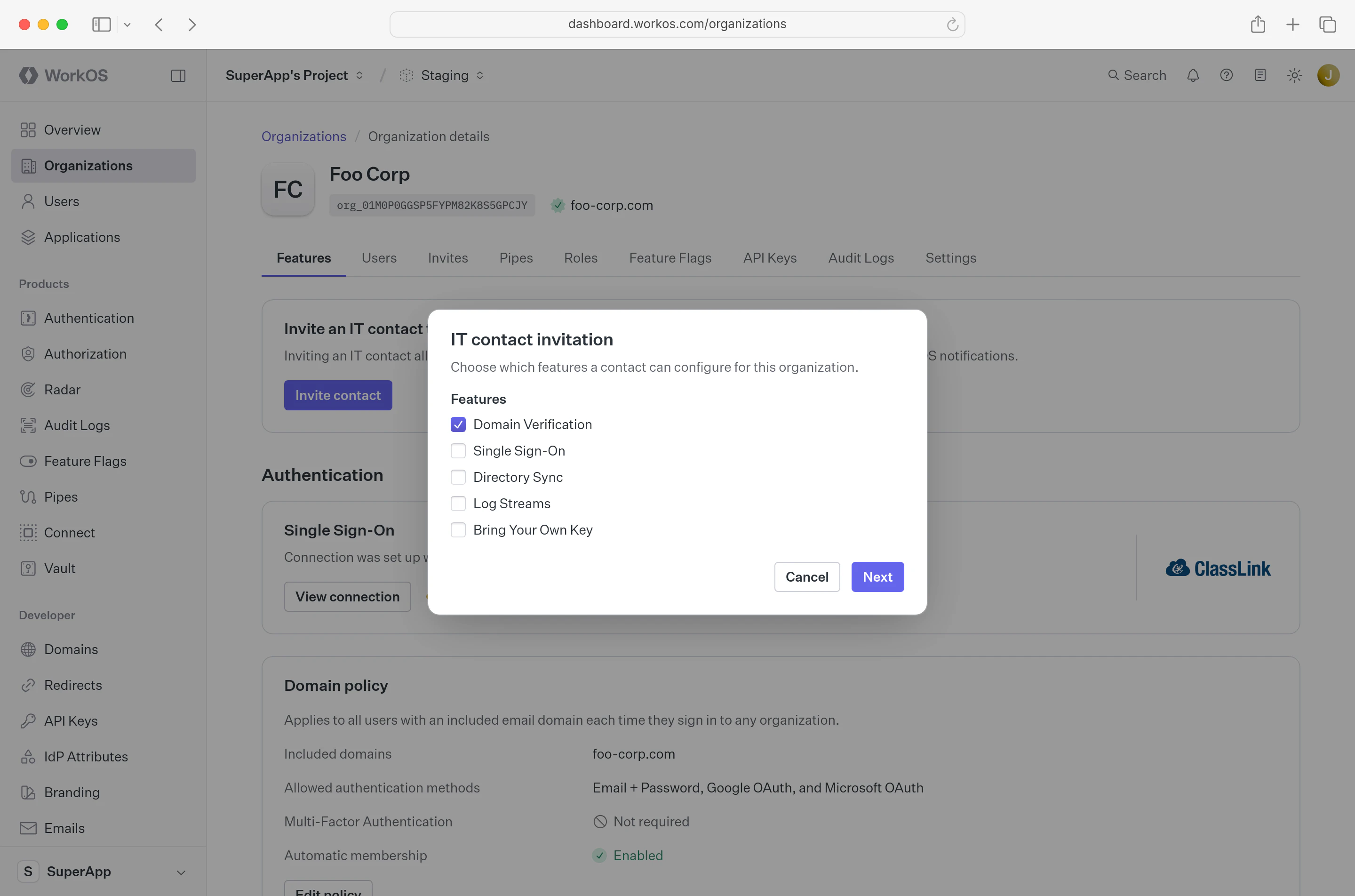 A screenshot showing the workOS dashboard admin invite.