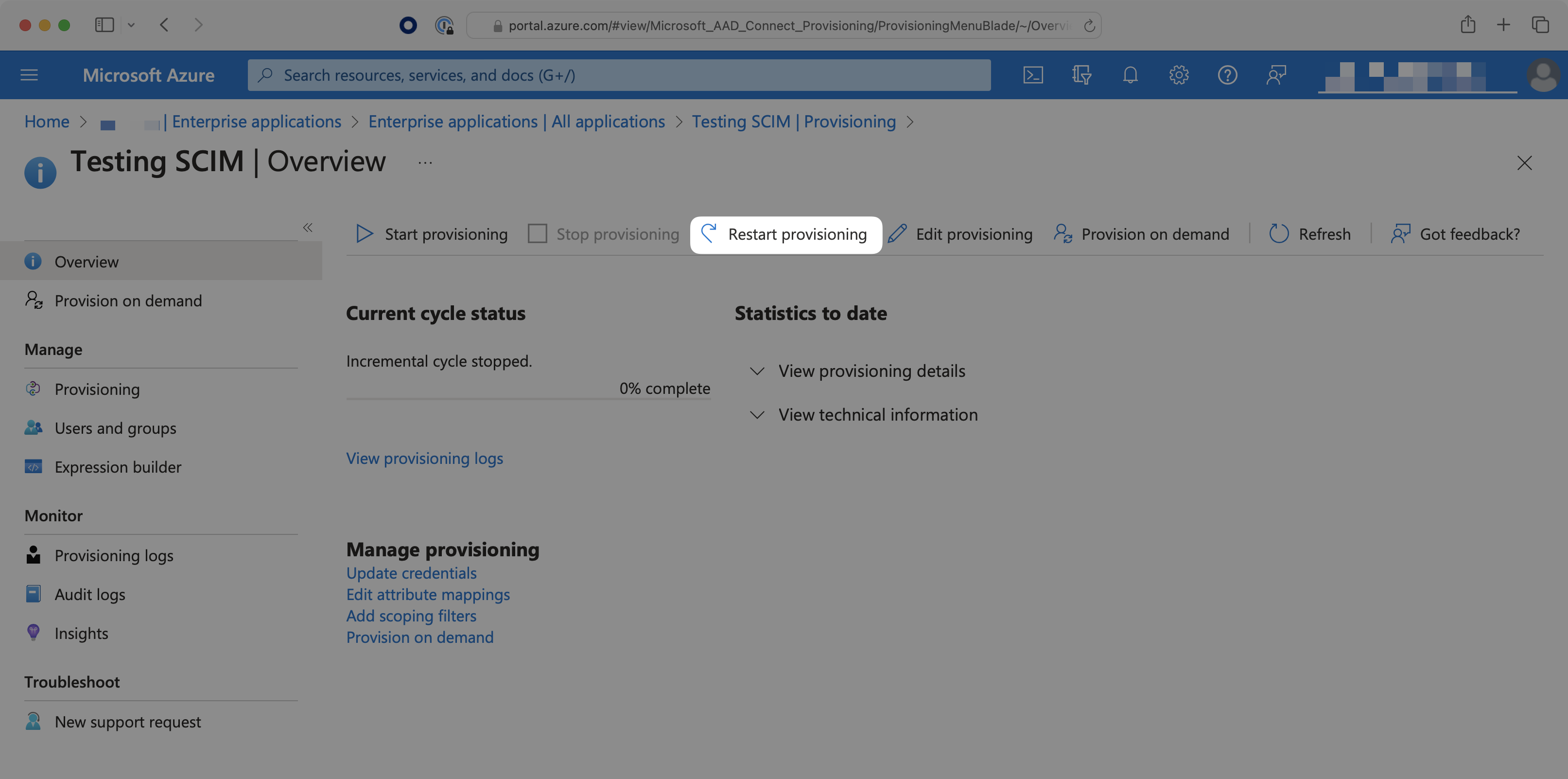 A screenshot showing where to restart provisioning in Entra.