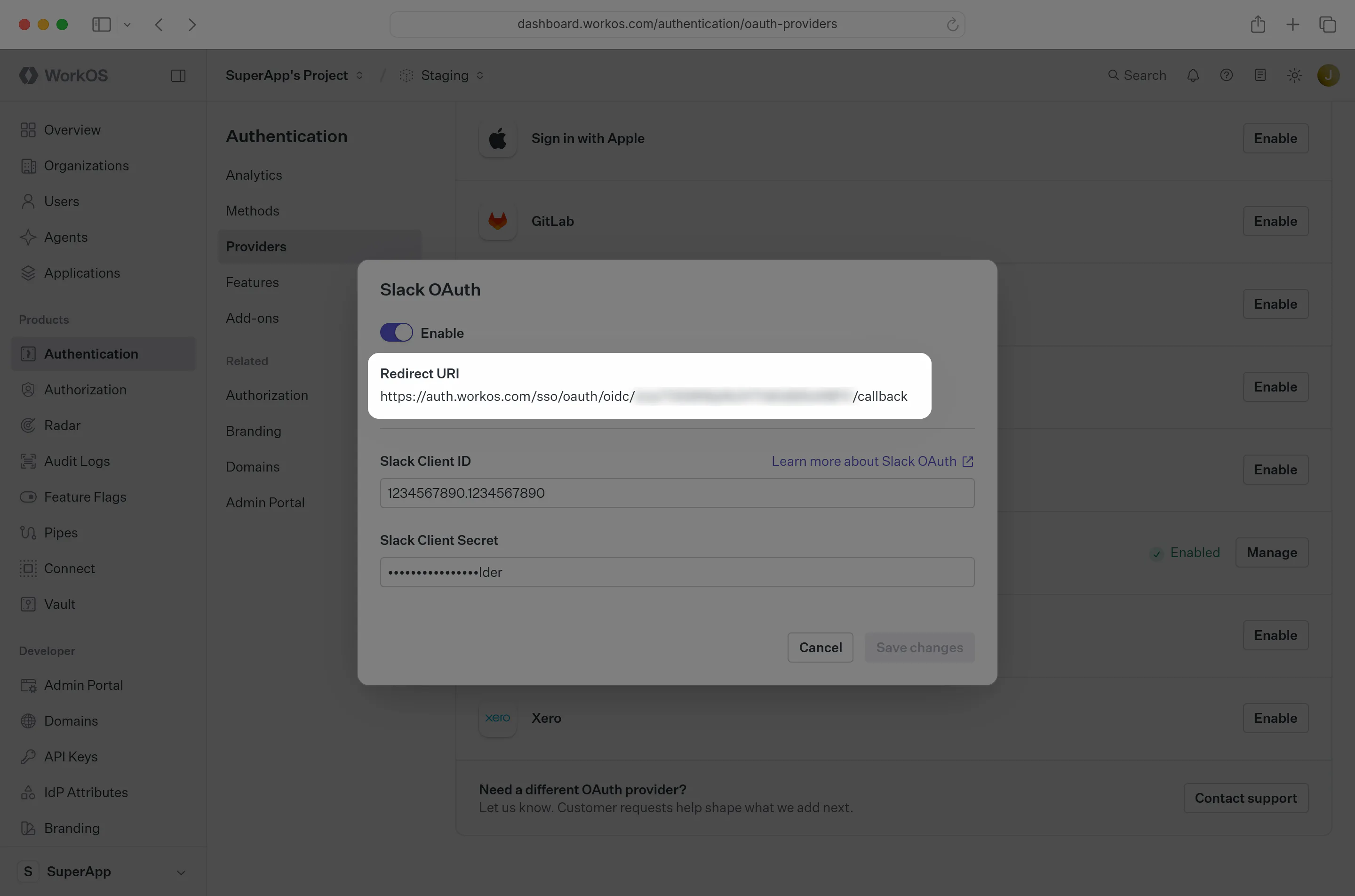 Slack OAuth Redirect URI in the WorkOS Dashboard.